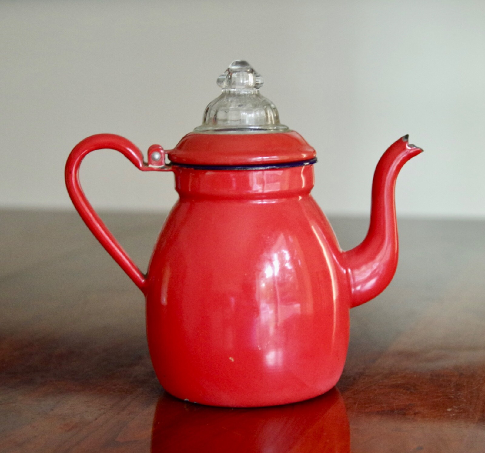 Silk Red, White and Purple Arrangement in Red Enamel Coffee Pot