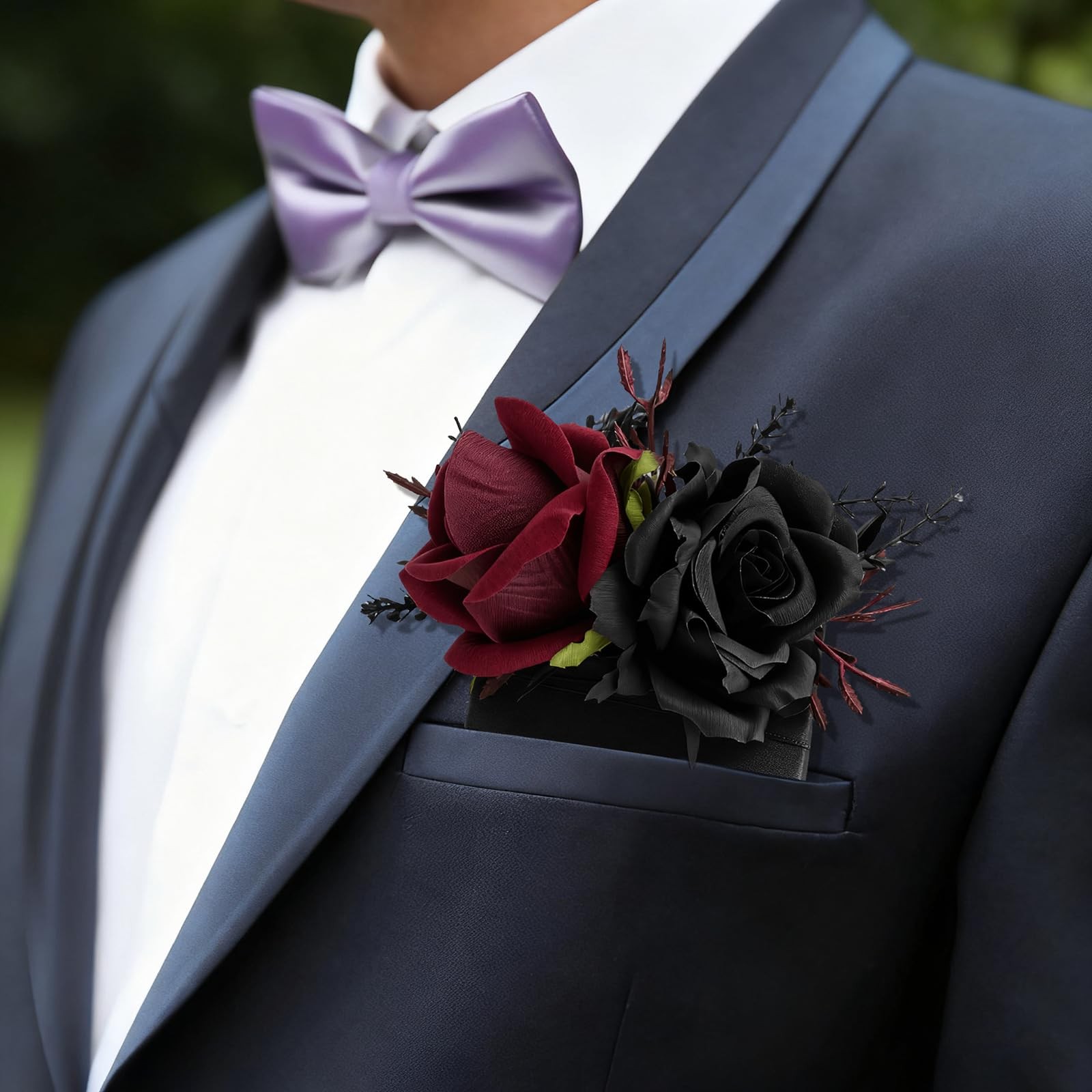 6 PCS Black Burgundy Rose Pocket Boutonniere Pinless Clip Groom Wedding Prom