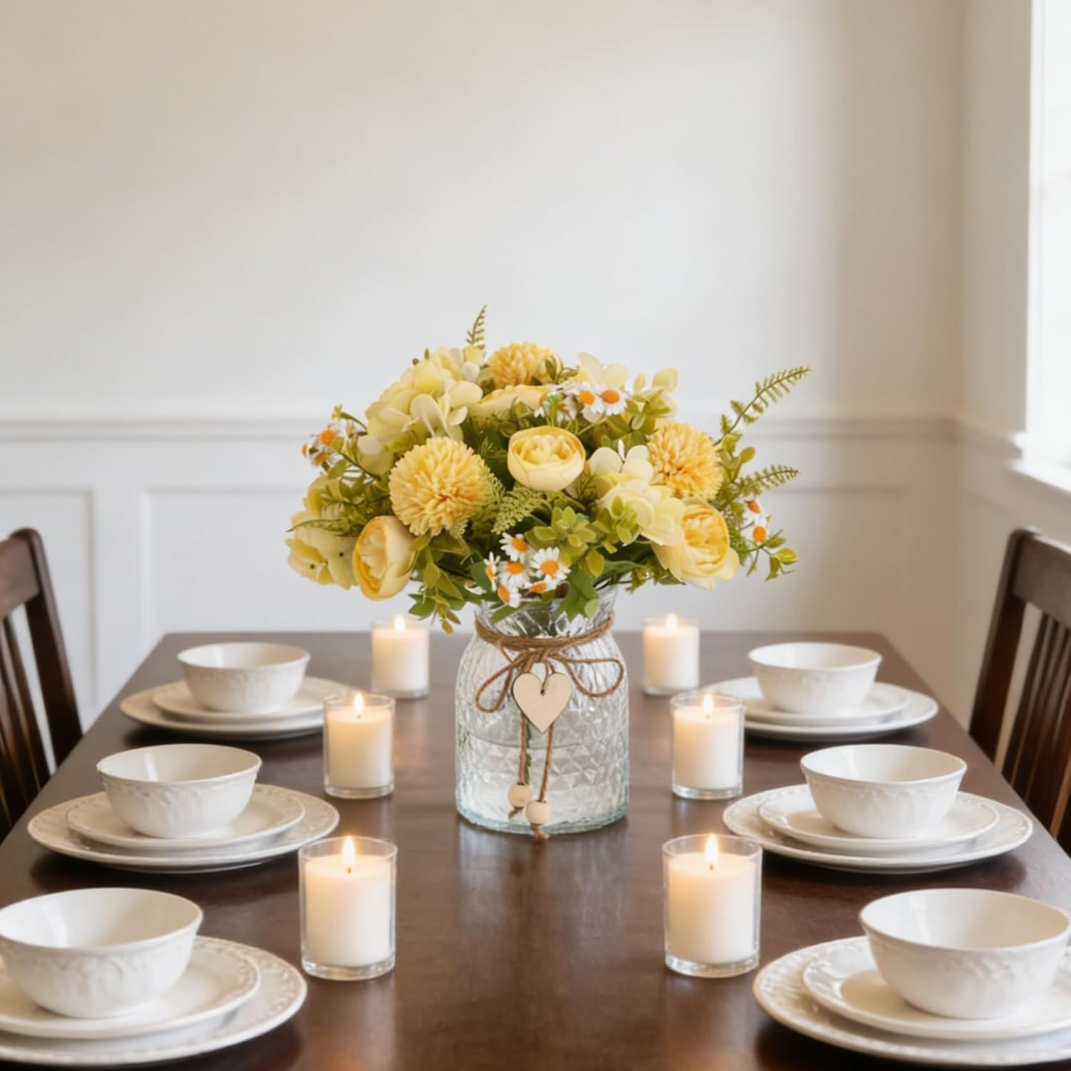 Yellow Faux Flower Arrangement with Vase – Silk Peony & Hydrangeas Centerpiece