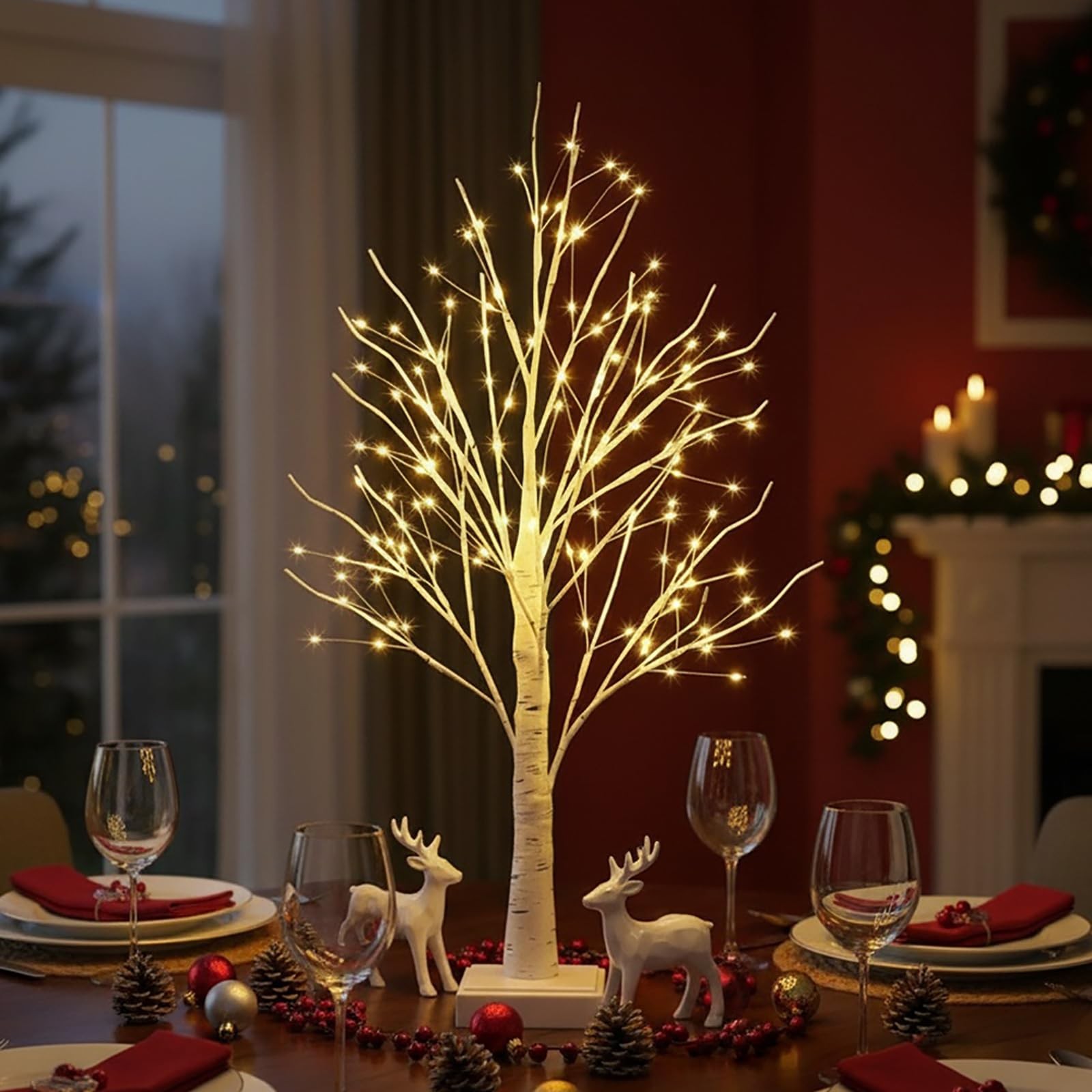 2 FT 144 LED White Light Up Birch Tree Tabletop Lamp Timer Indoor Home Decor