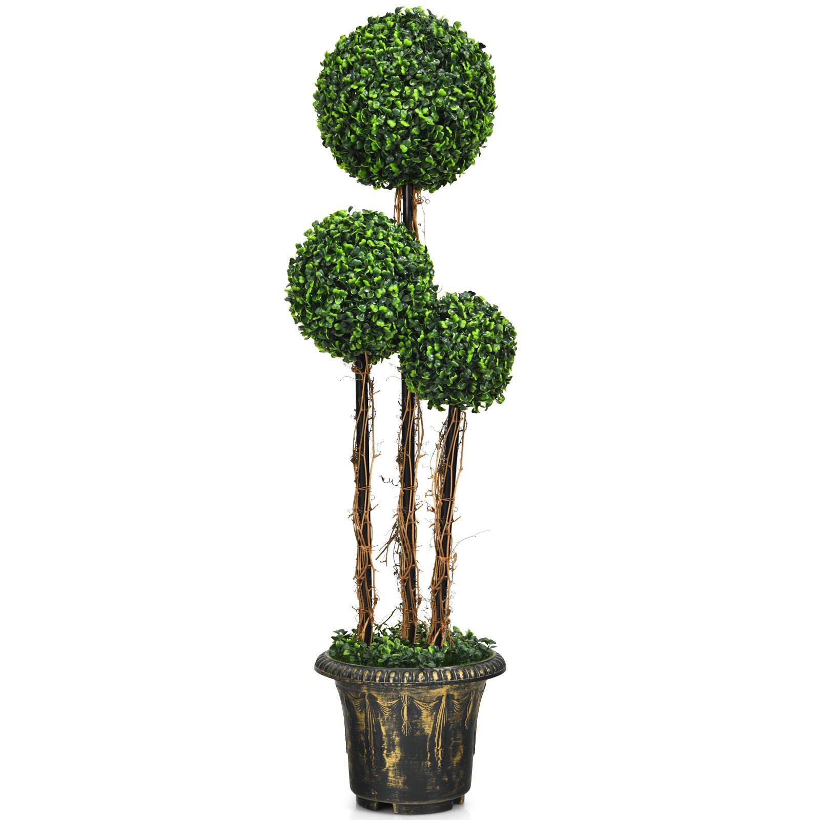 Costway 4’ Artificial Topiary Triple Ball Tree Plant Outdoor Indoor UV Resistant