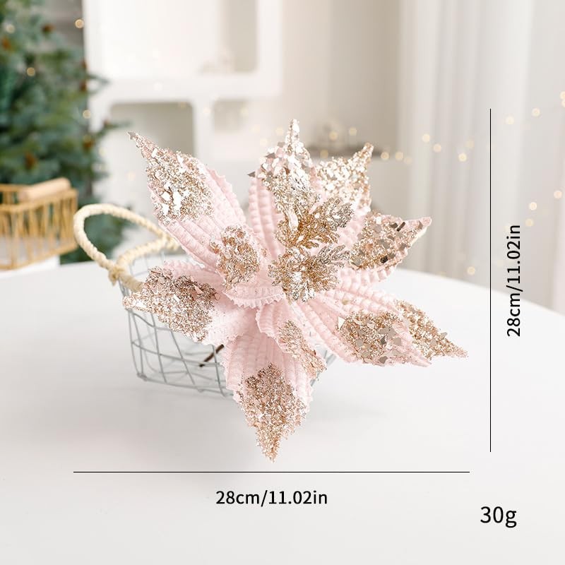 8 PCS Large Glitter Christmas Flowers Poinsettia Artificial 11 Inch Pink