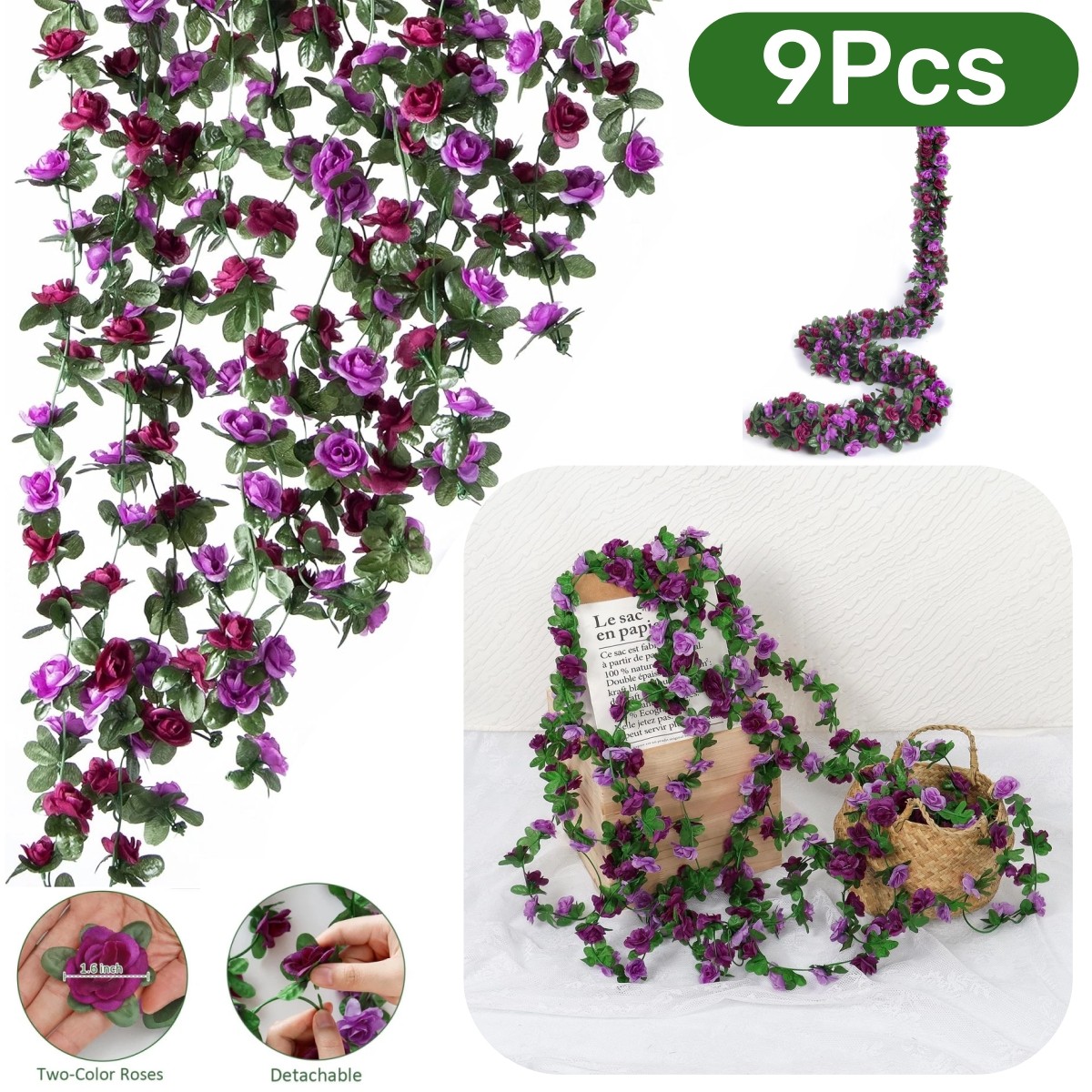 9Pcs 8.2ft Artificial Purple Rose Flower Garland Silk Fake Vine Wedding