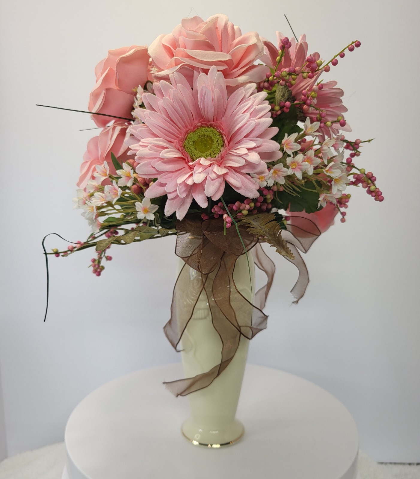 Artificial Pink Bouquet with Gerbera Daisies Roses Filler Berries Wrapped Stem