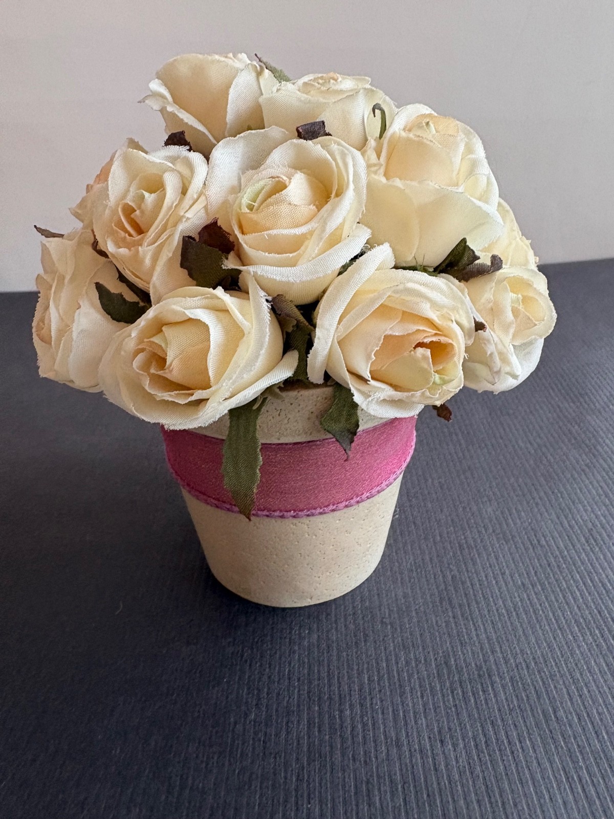 SET of 2 VICTORIAN FAUX ROSES w/ RIBBON BOW 5 1/2″ H x 5 1/2″ W-CREAM & PINK