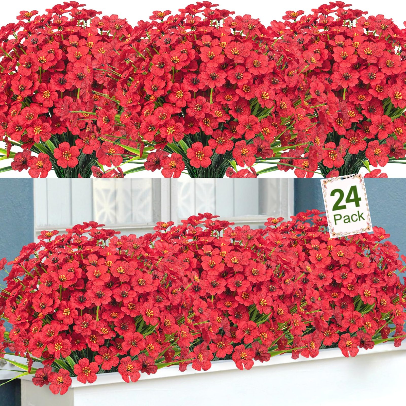24 Bundles Artificial Flowers for Outdoors Decorations, Red