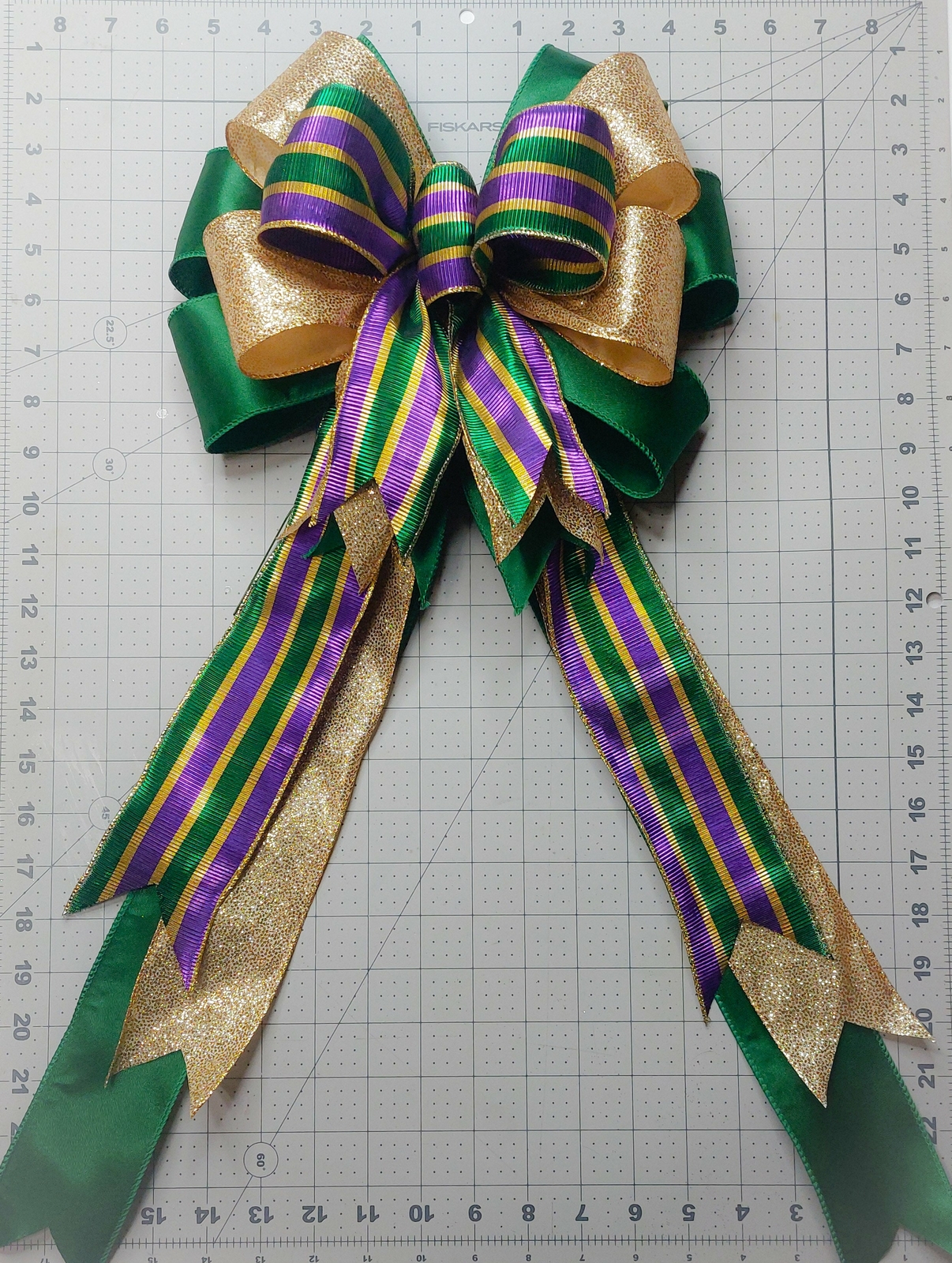 Mardi Gras Bow, Metallic Stripes, Gold Glitter Dots, Emerald Green Satin