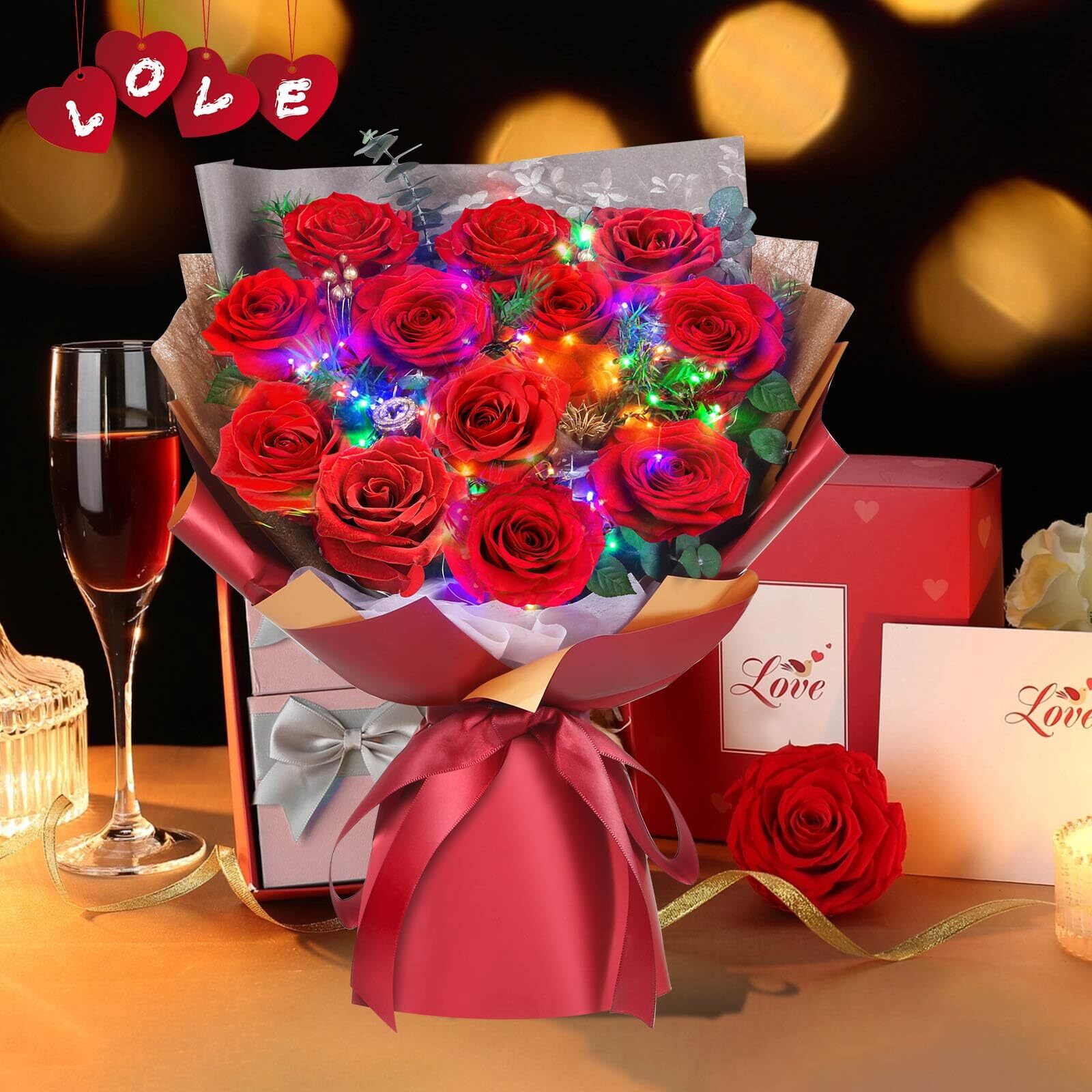 PRESERVED REAL RED ROSE BOUQUET LONGLASTING FLOWERS FOR ANNIVERSARY BIRTHDAY AND