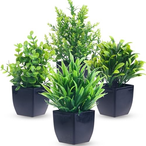Pack Fake Plants in Black Pot Mini Artificial Eucalyptus Potted 4 Black-4