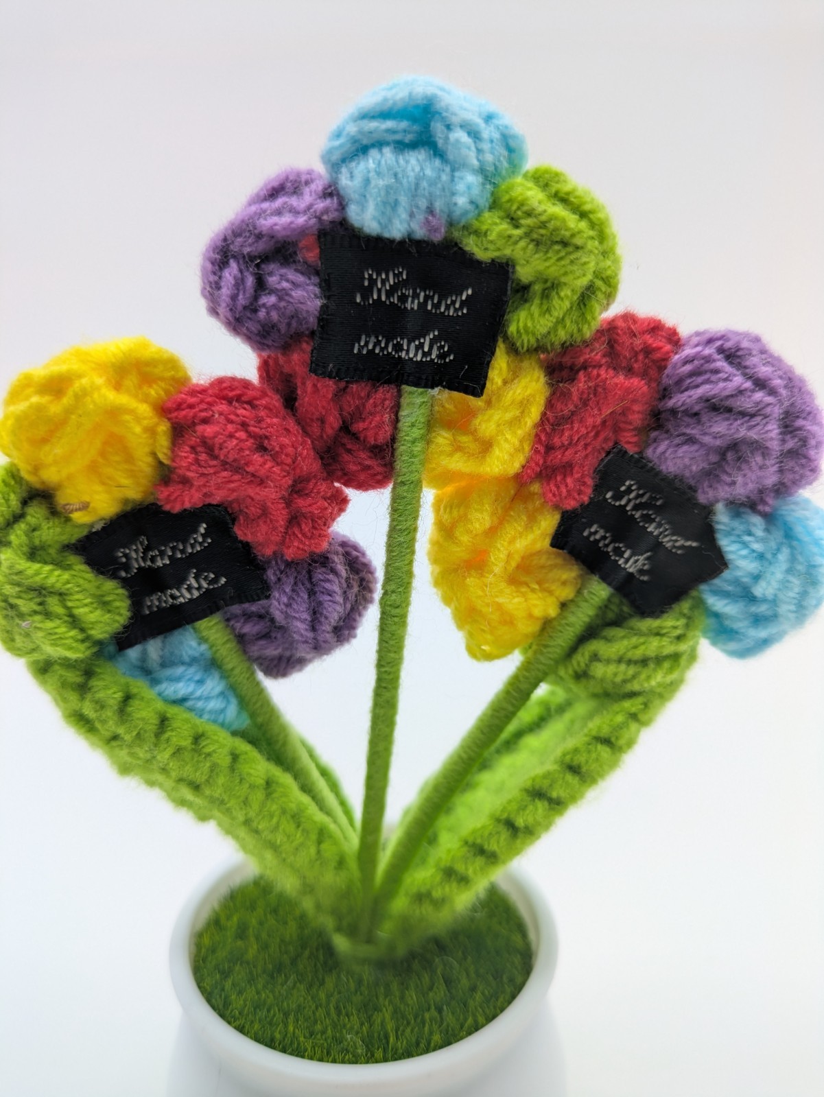 Hand Made Yarn Crochet Rainbow Petal Flowers in White Plastic Pot
