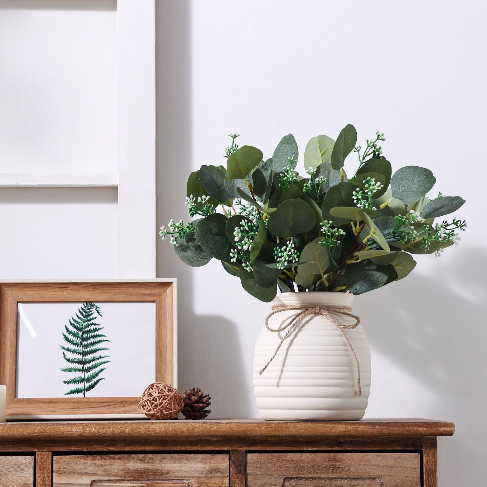 20pcs Eucalyptus Faux Plants in Vase | Modern Farmhouse Home Decor, Indoor Green