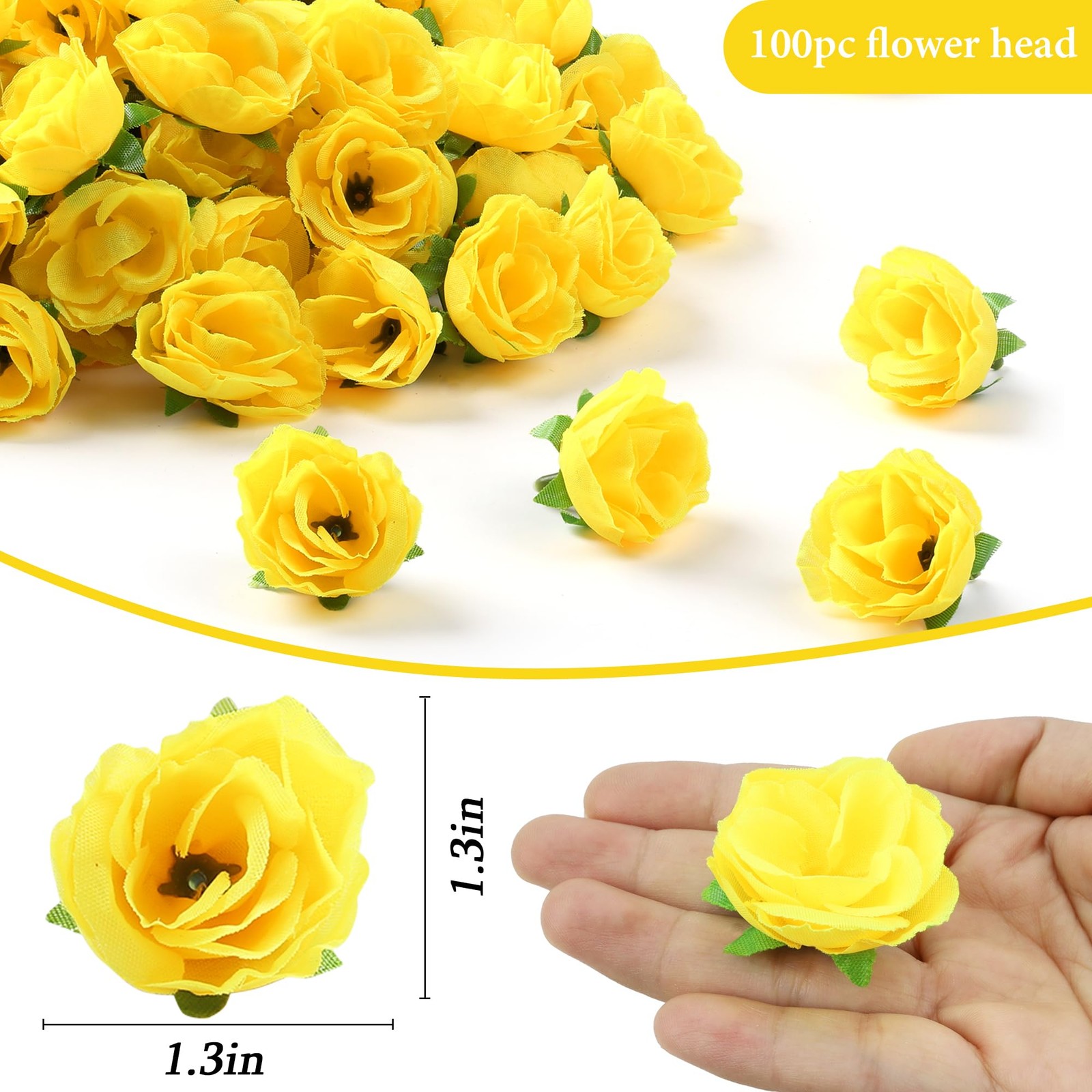 100 PCS Mini Rose Head Artificial Fake Silk Flower Yellow 1.3 Inch DIY