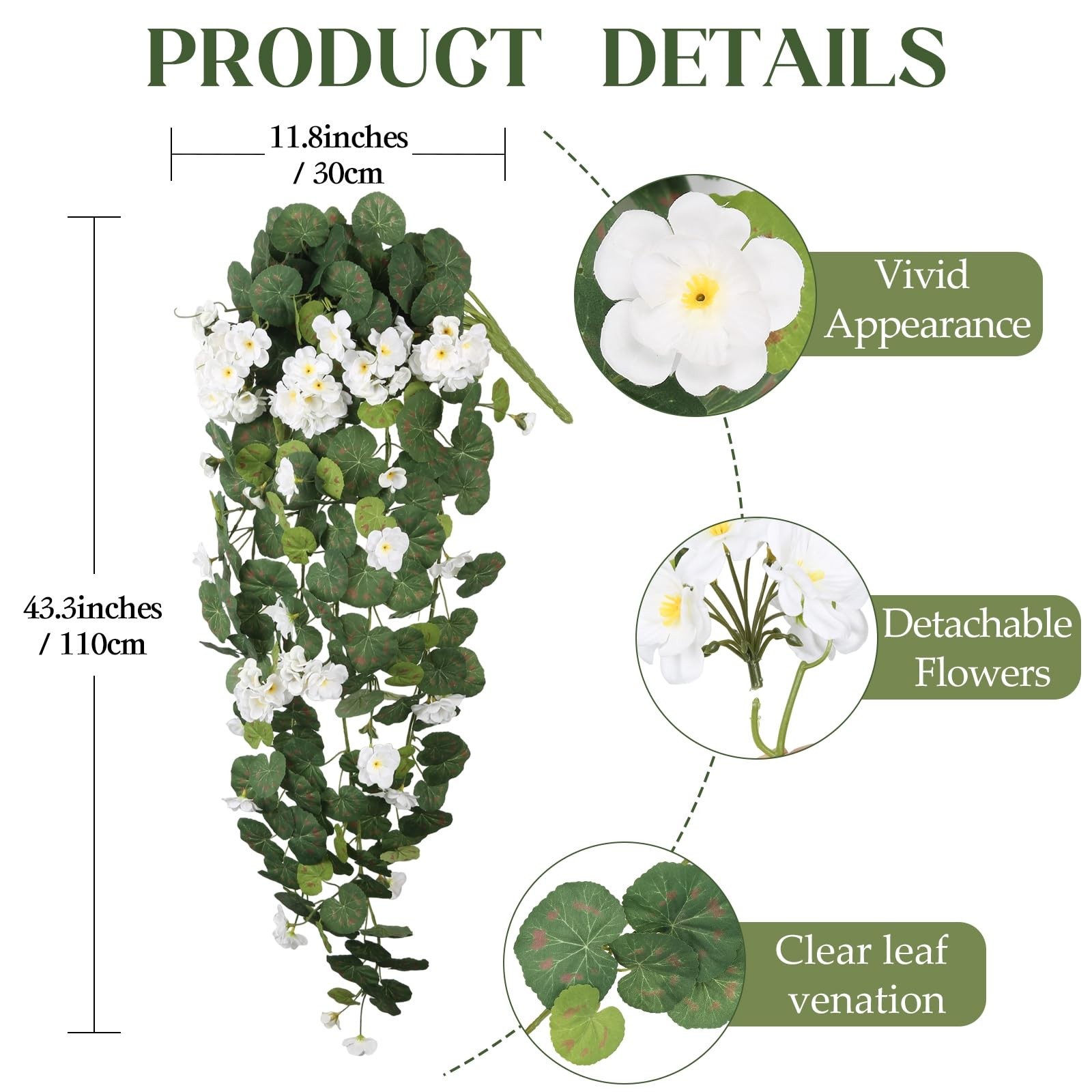 43.3″ White Geraniums Artificial Hanging Flowers for Outdoors, UV Resistant F…