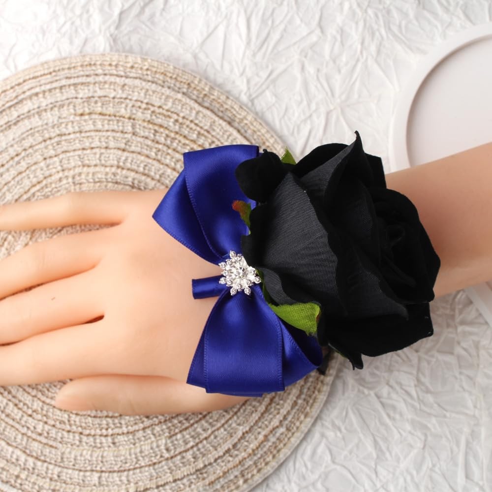 2 PCS Blue Black Rose Wrist Corsage Boutonniere Set Prom Party Homecoming