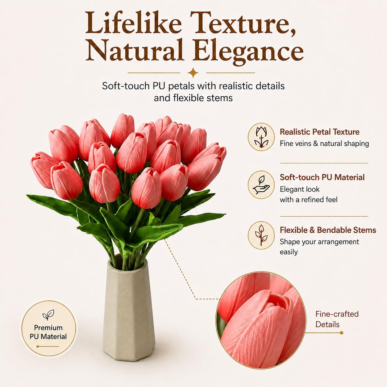 20pcs Artificial Coral Pink Tulips