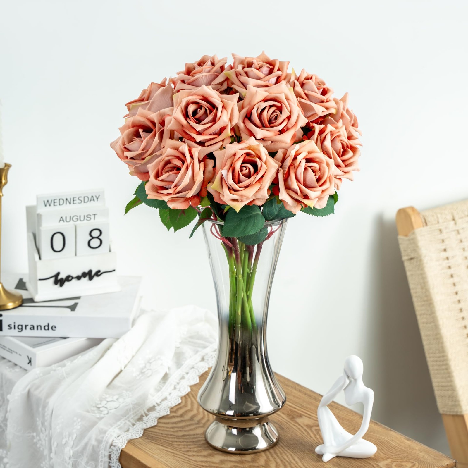 Fake Roses Faux Flowers Silk Roses 16.5In Artificial Roses with Stems Realist…