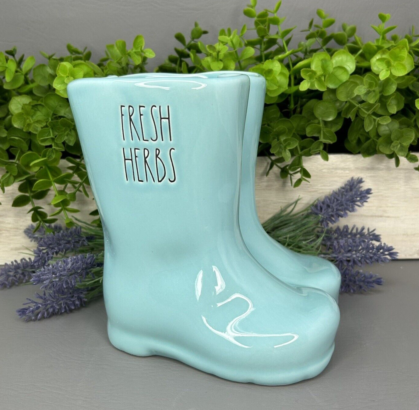Rae Dunn Rain Boots Herb Planter Ceramic FRESH HERBS Garden Decor ~ Aqua ~ 7″