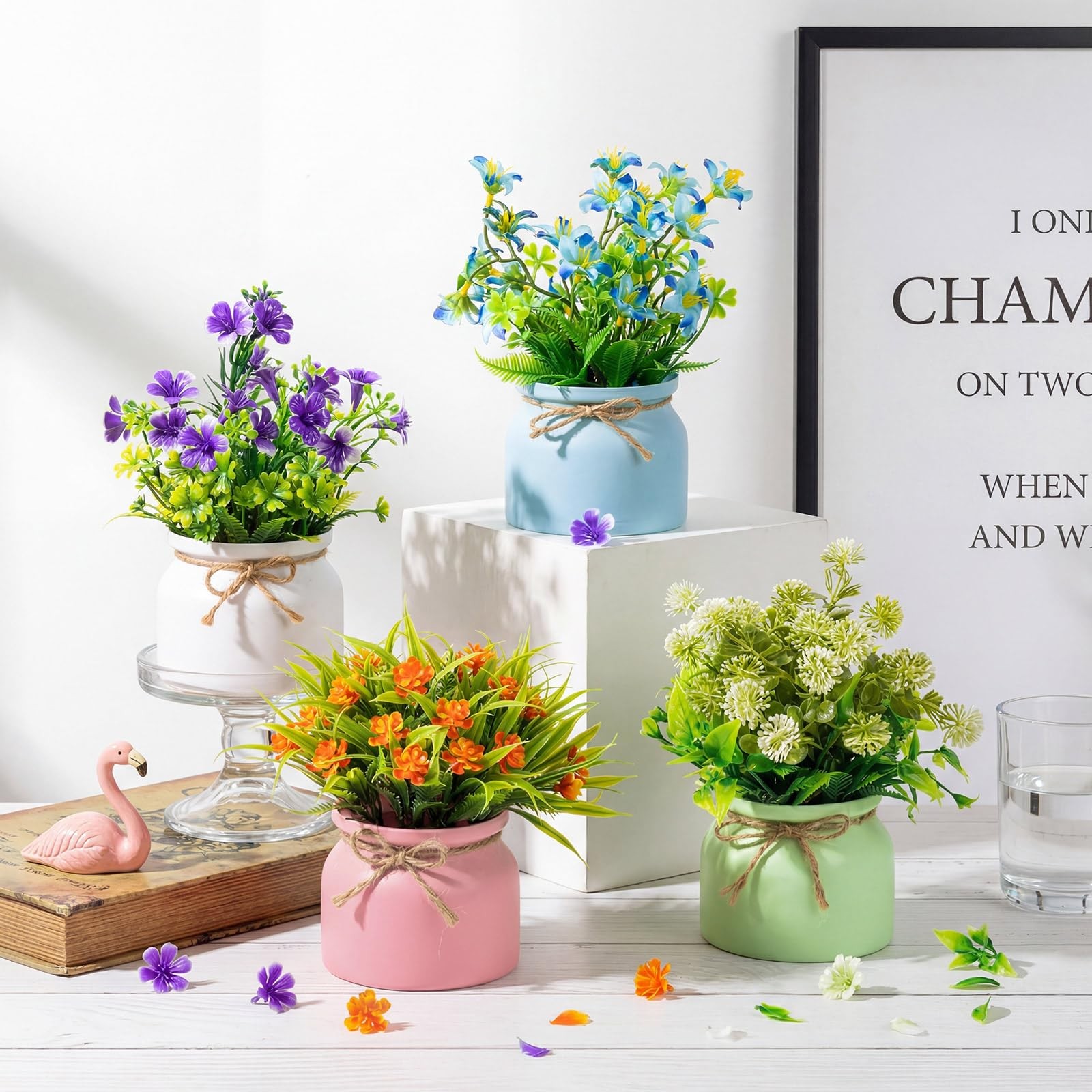 8 PCS Large Spring Artificial Flowers Potted Centerpiece Fake Floral Plant
