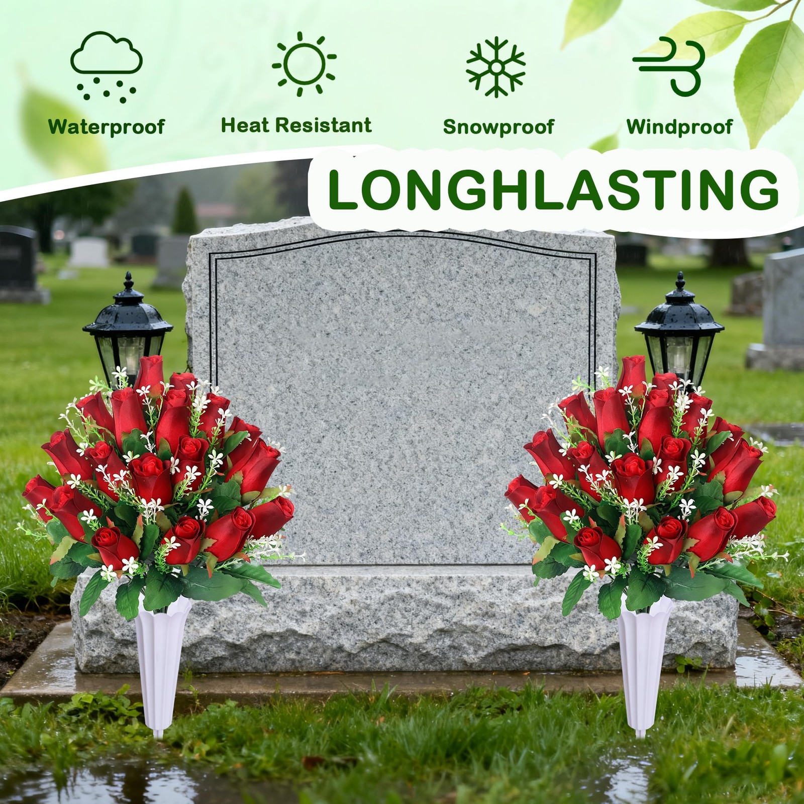 Artificial Cemetery Flowers,Set of 2 Grave Decorations Roses, Tombstone Memorial