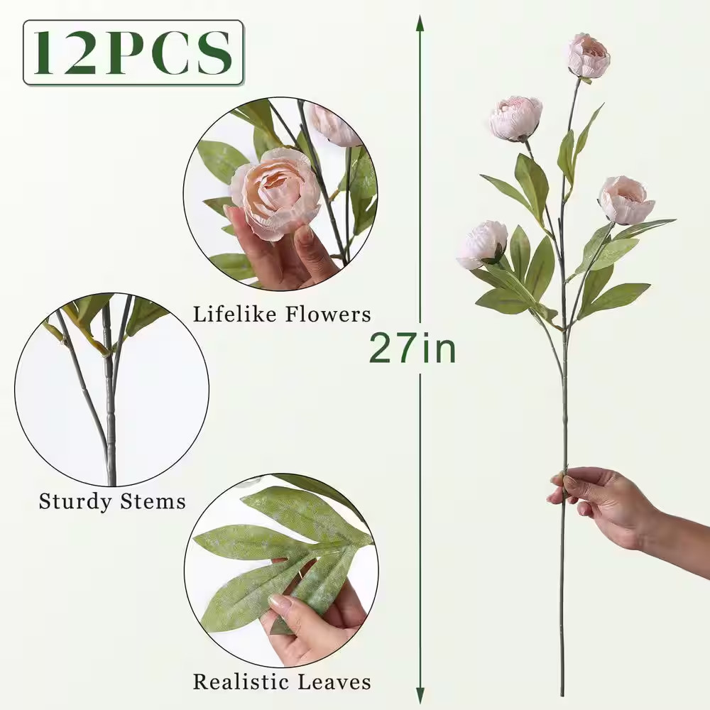 8 in 12-Pieces Cream Artificial Peony Branch Stem 27 In. Silk Flowers for Vase W