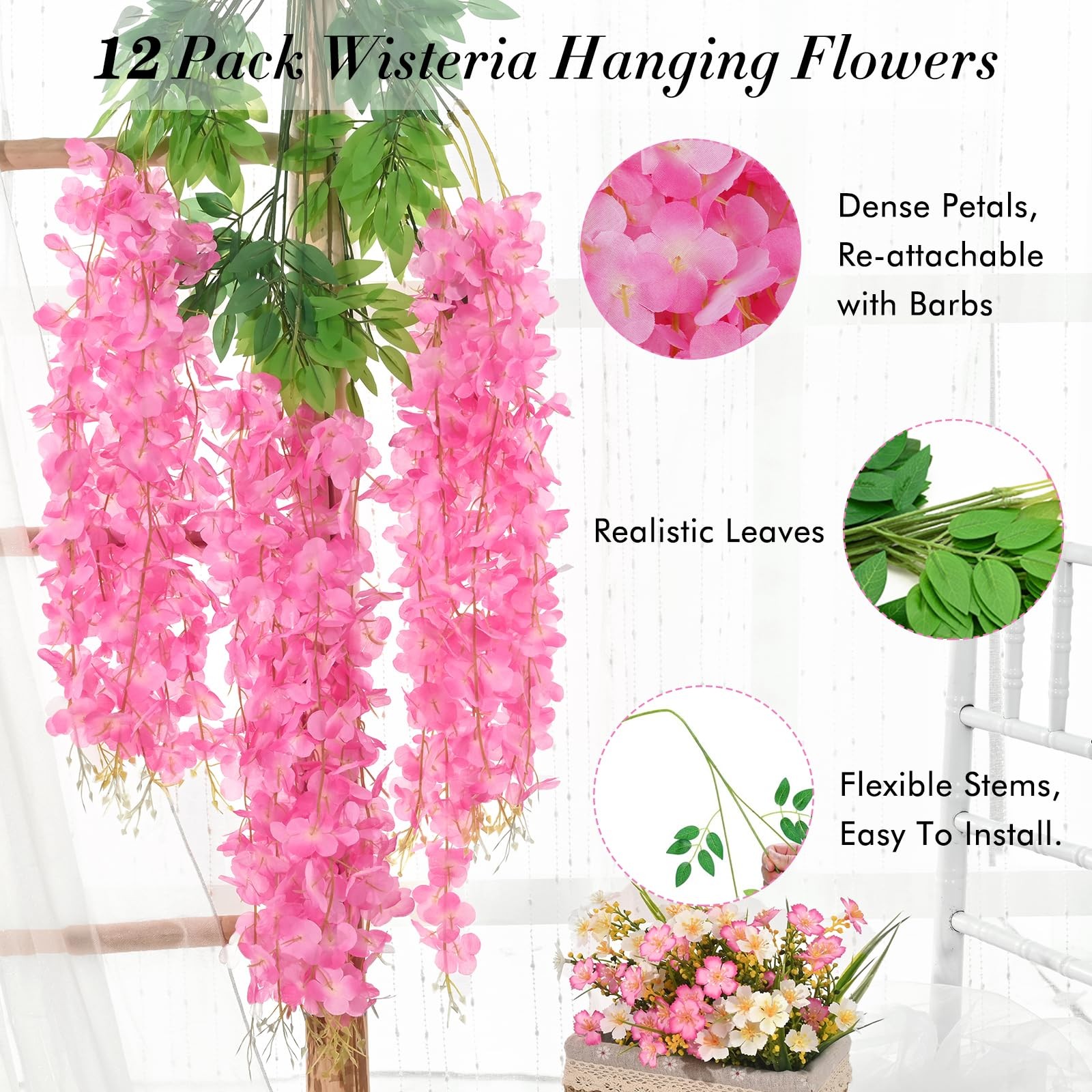 12 Pack Wisteria Hanging Flowers, 3.6 Feet/Pcs Pink Wisteria Artificial Flowe…