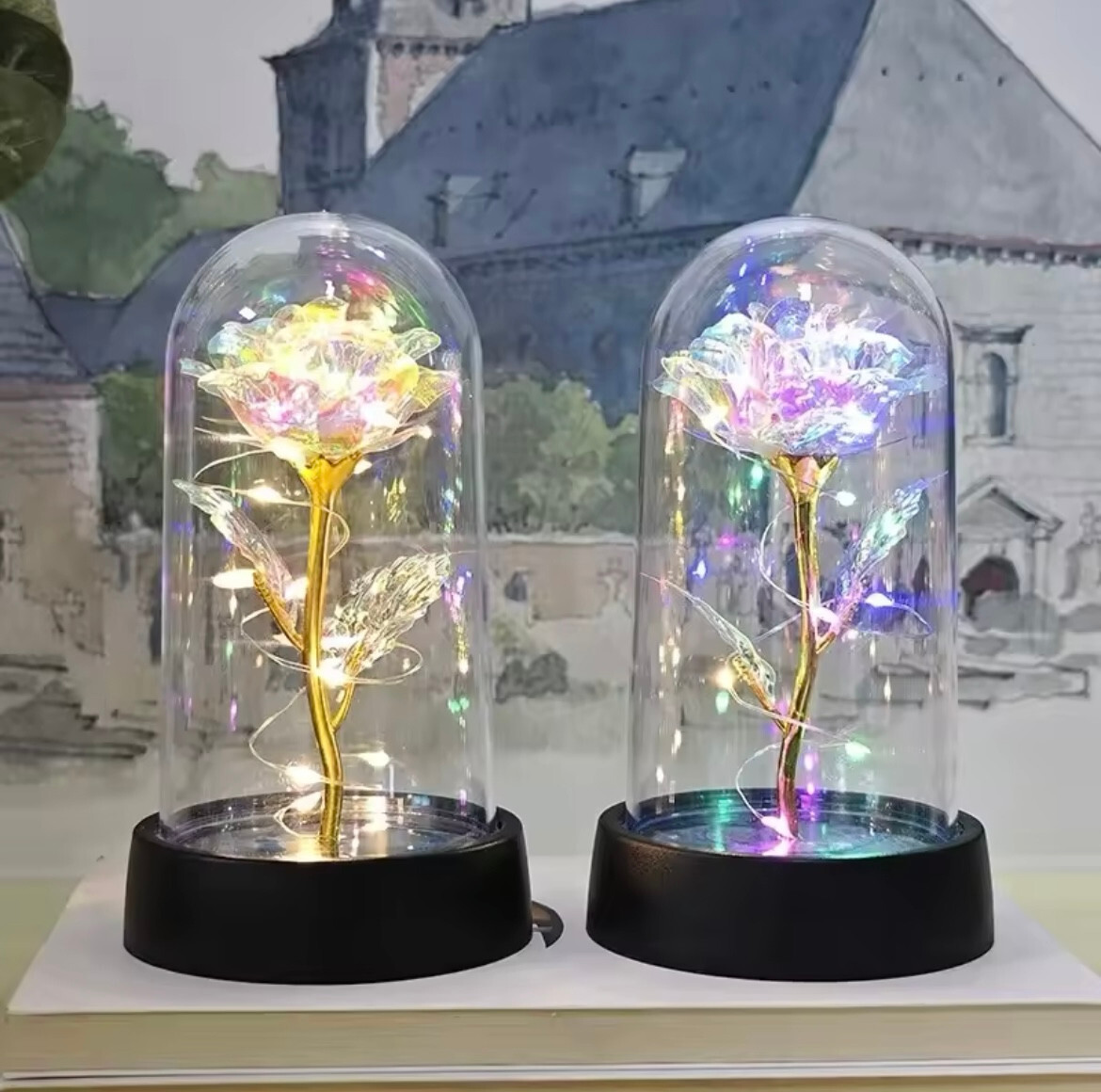 LED Light Eternal Rose In Glass Night Light Artificial Flower Forever Rose Gift