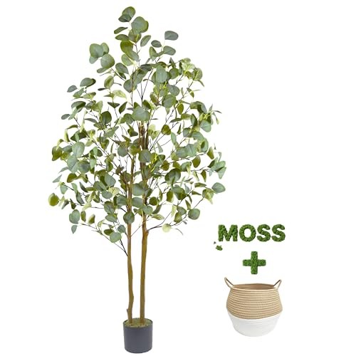 Artificial Tree Tall Fake Plant with Woven Basket, 60” Silk 5ft Eucalyptus