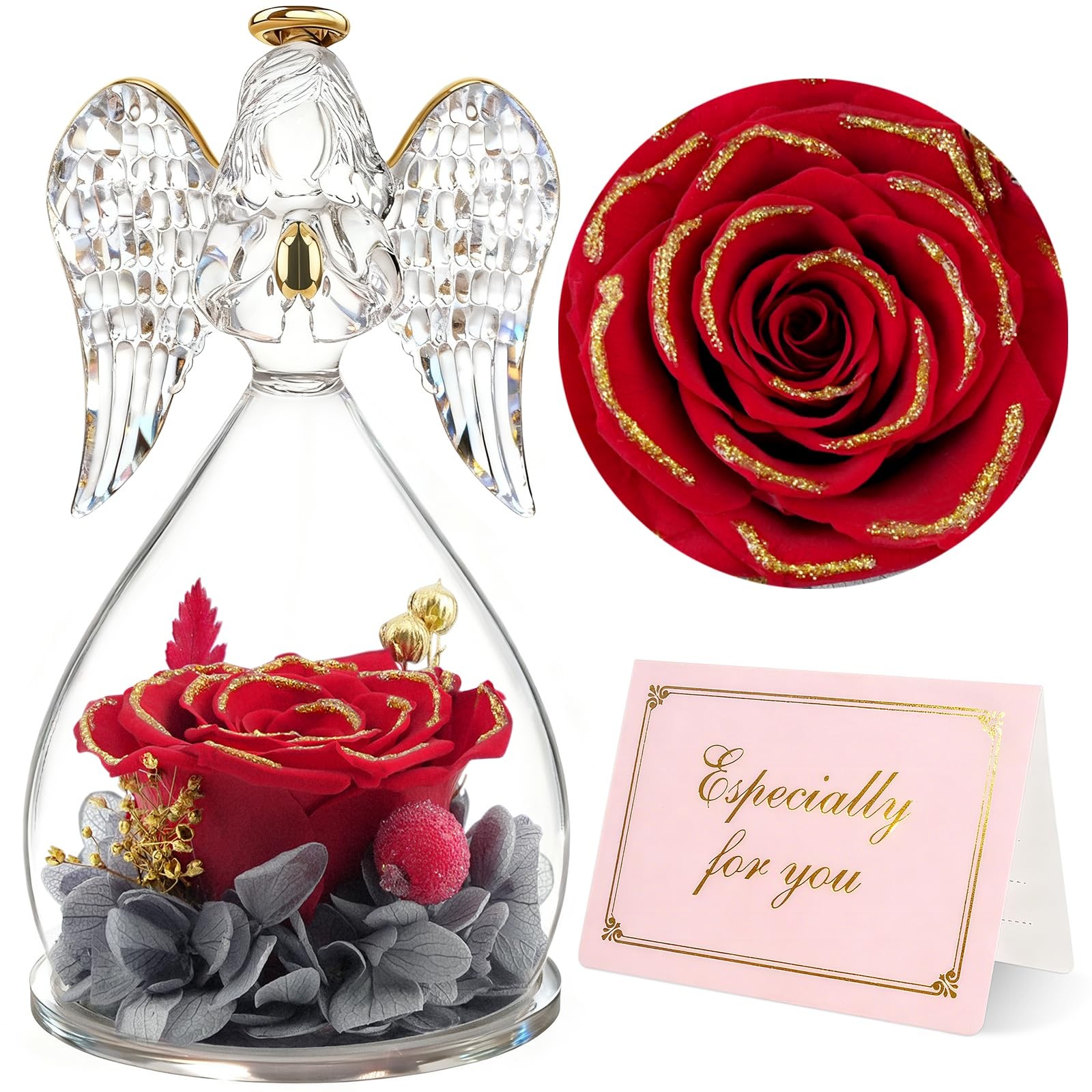 Angel Figurines With Real Rose Preserved Flowers Mothers Day Gift Redgold