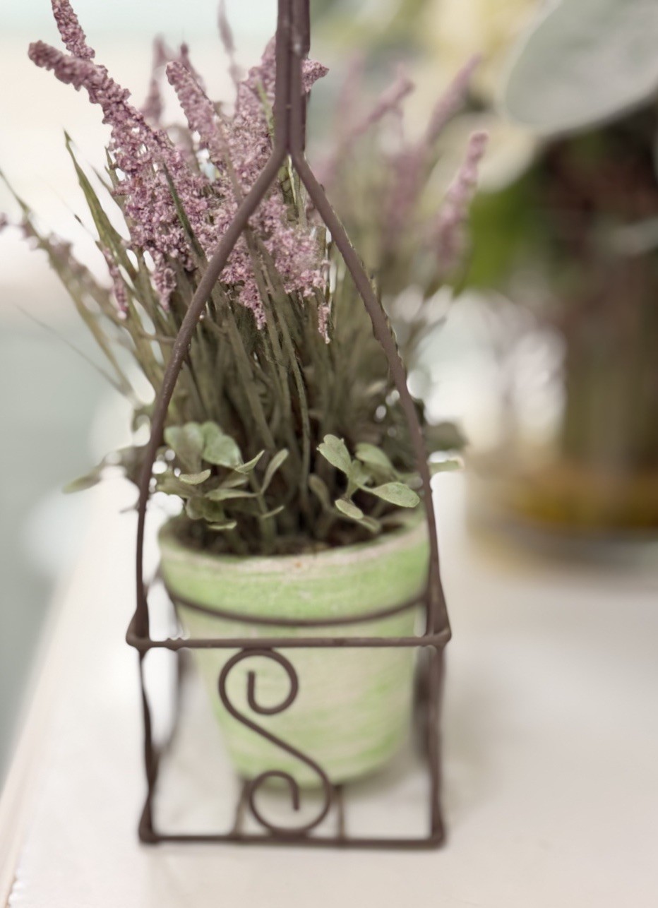 Farmhouse 9” Lavender Plants With Greenery In Pots With Rustic Metal Stand