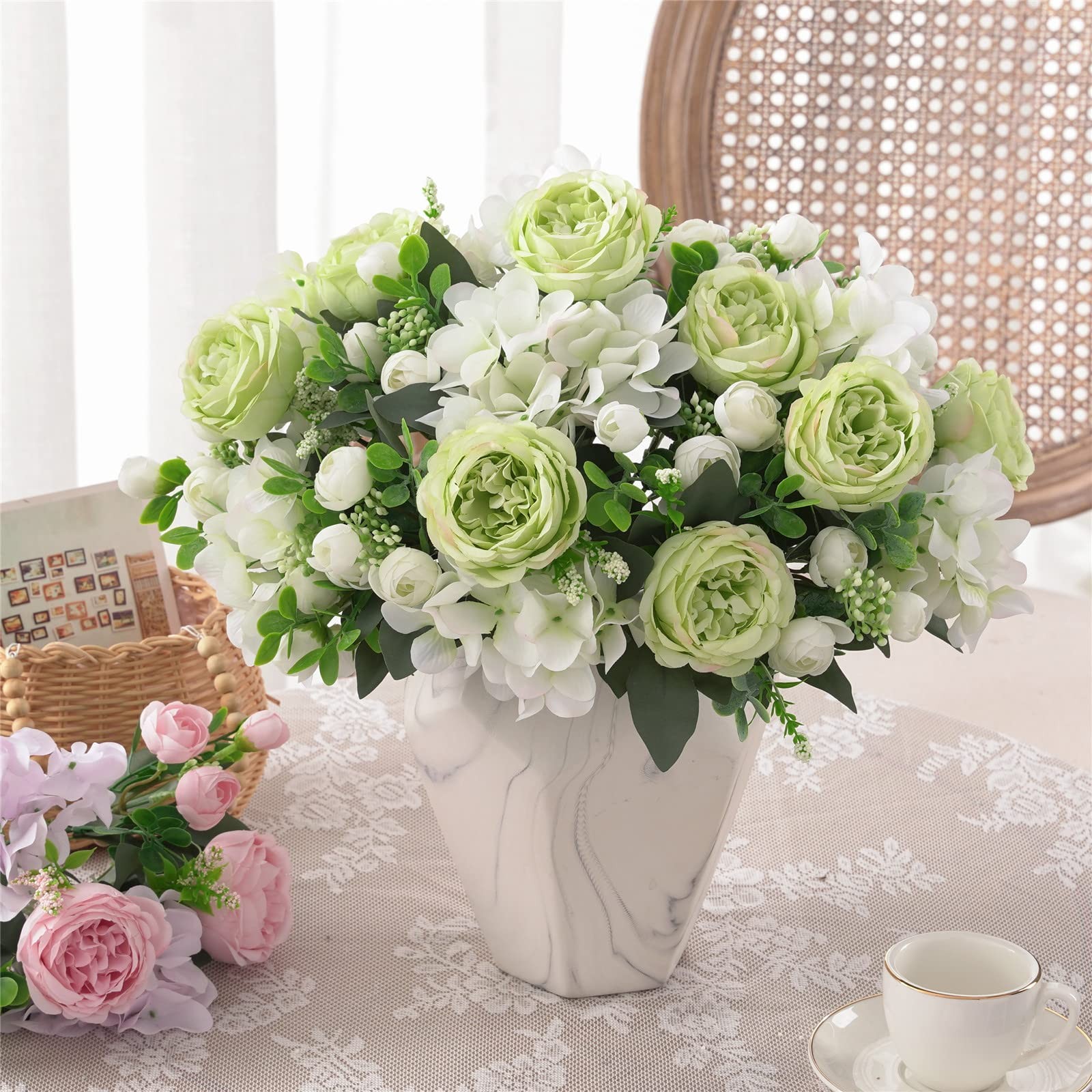 4 PCS Green Peony Artificial Flowers Faux Rose Silk Bouquet Table Centerpiece
