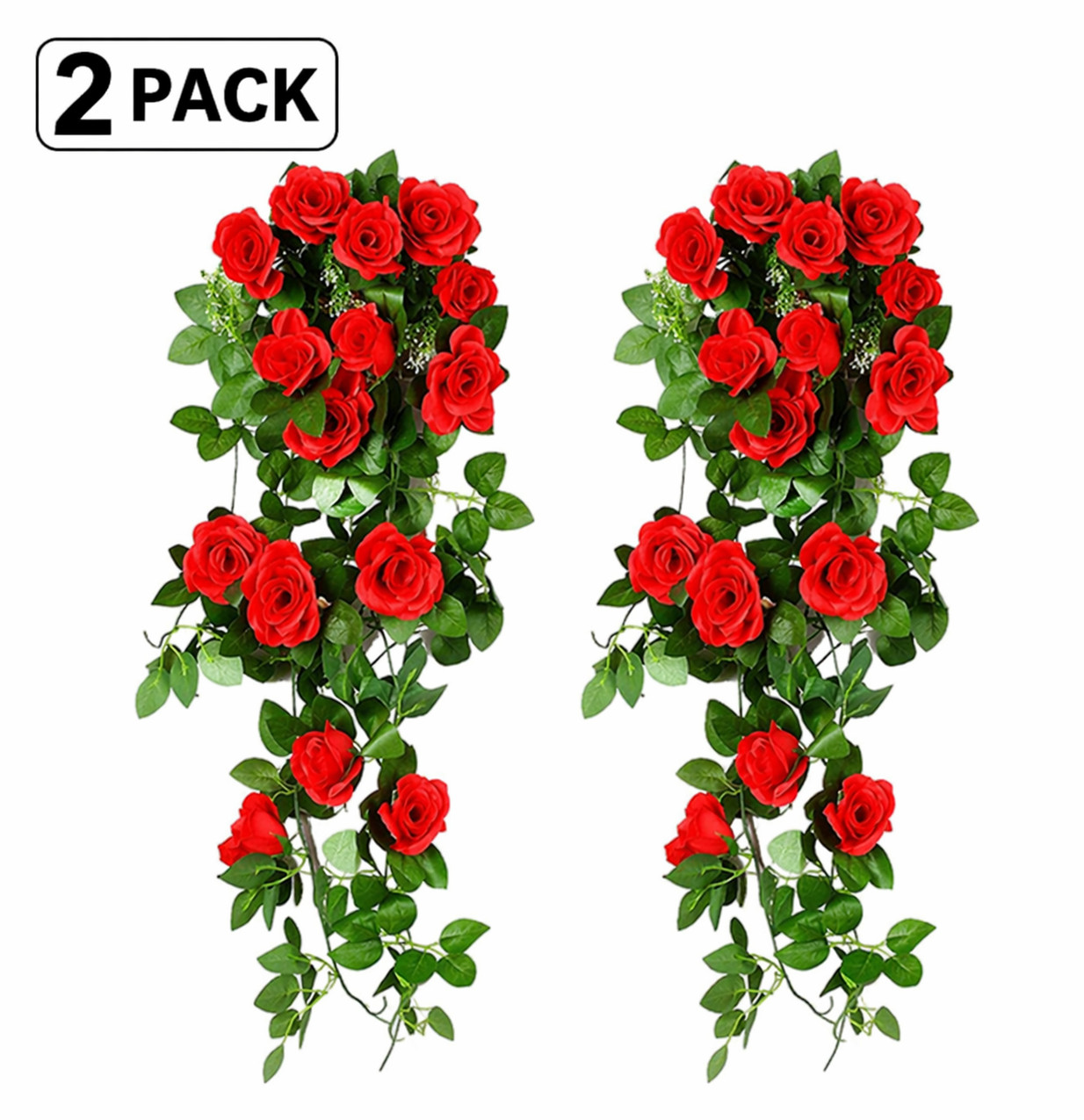 2 Pack Fake Red Rose Ivy Garland Hanging Plant Wall Decor Indoor Outdoor 90CM