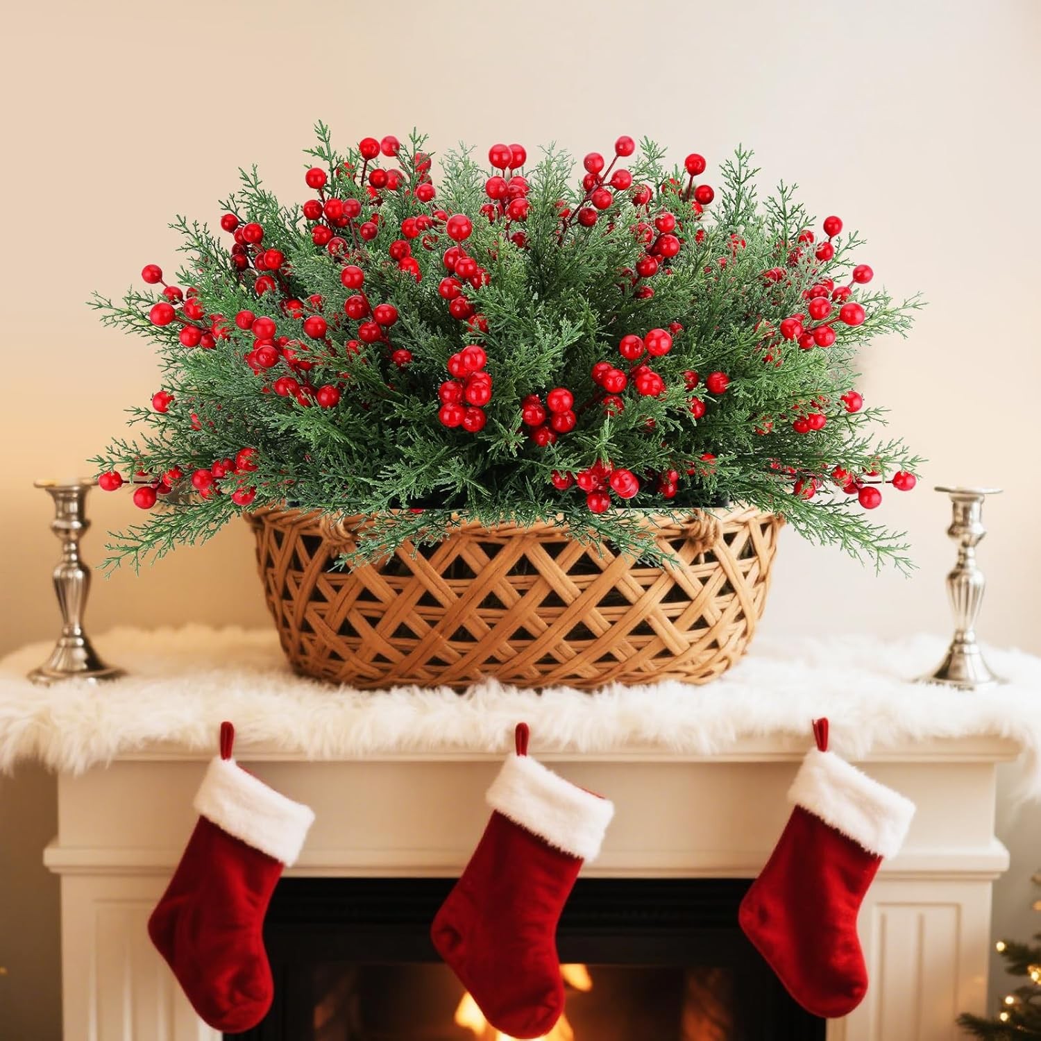 4 Bundles 140 Pcs Artificial Christmas Flowers with Red Berry Stems, Fake Norfol