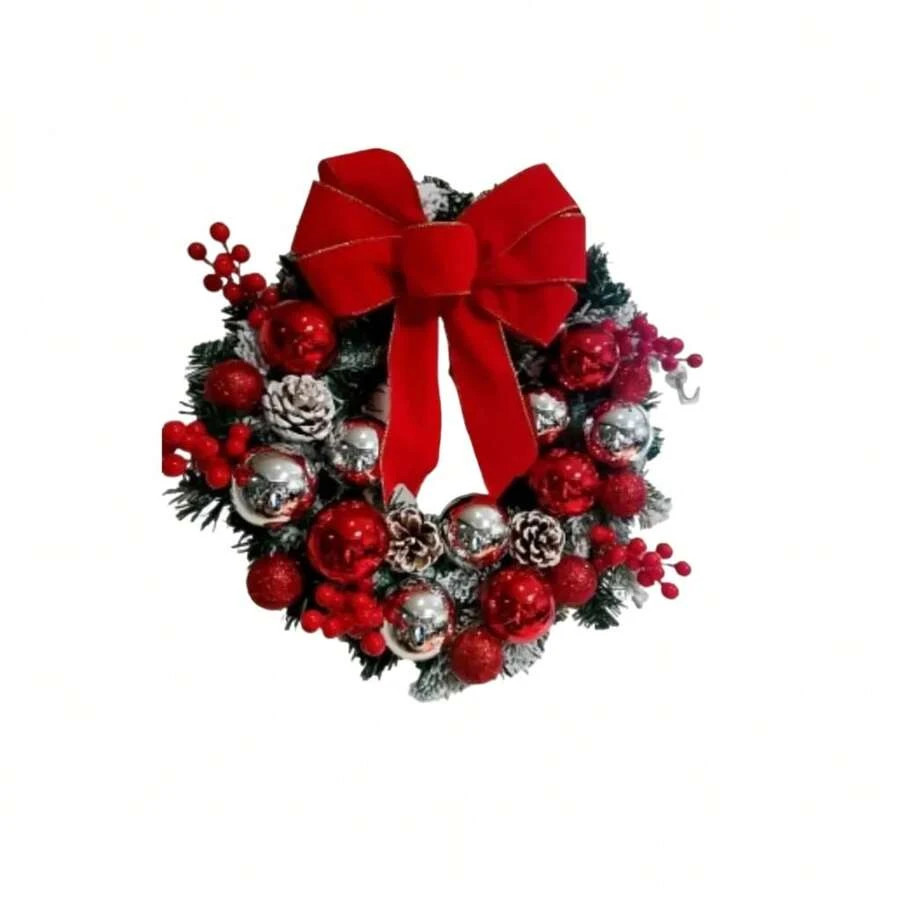 45cm/17.7in Christmas Wreath Front Door Flocked Pine Red Bow