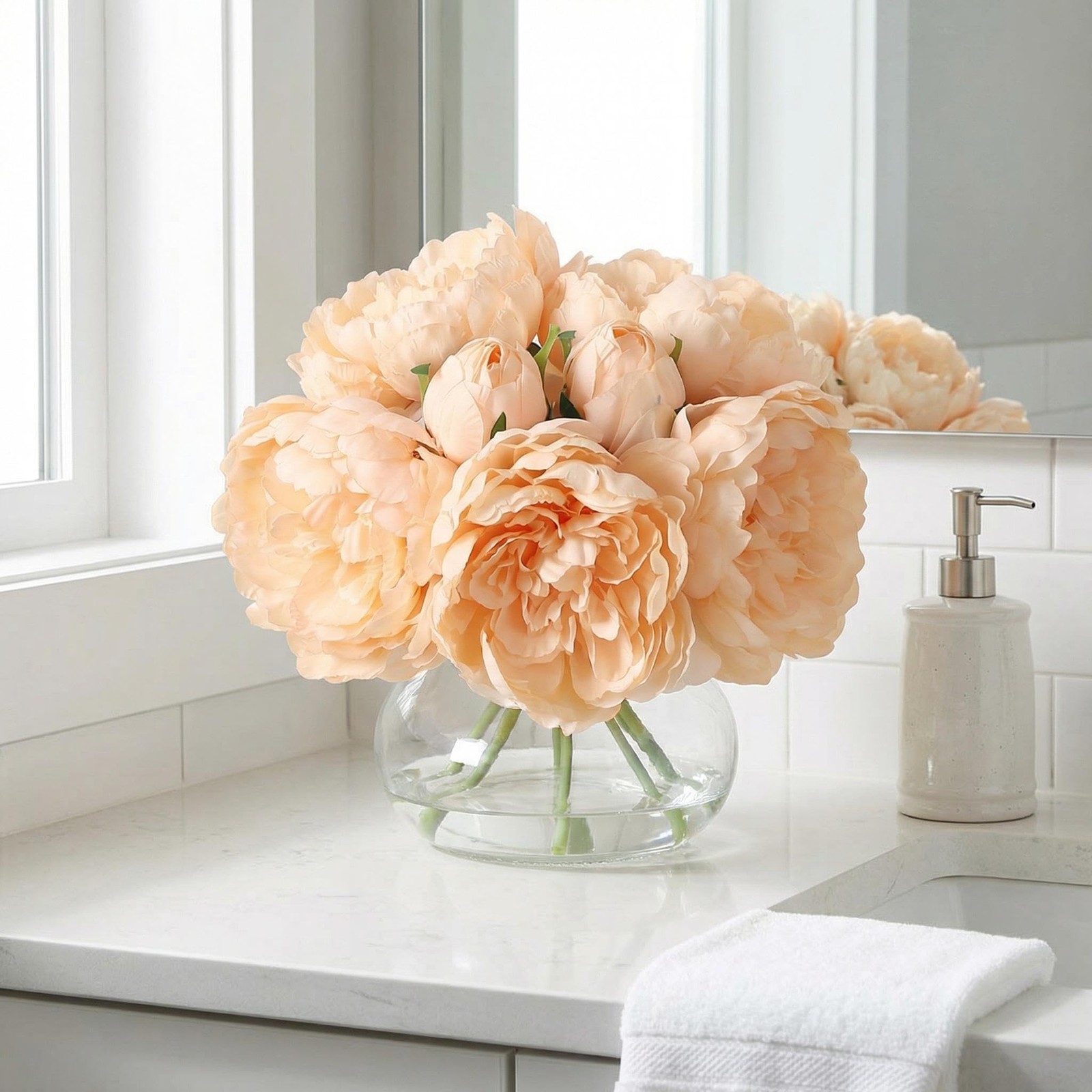 Artificial Peonies Flowers with Vase, Mixed Champagne Silk Peony Bouquet with…