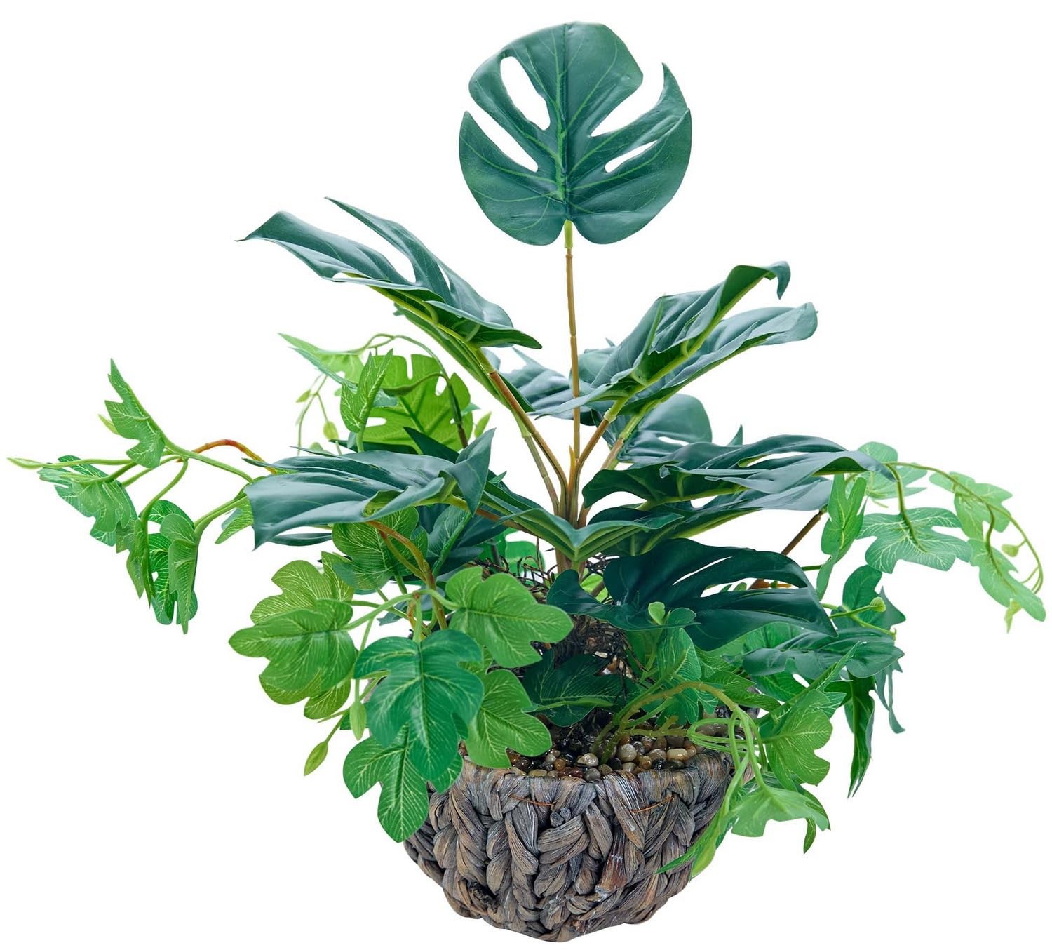 15.8″ Artificial Monstera Plant in Rattan Woven Round Basket Planter Lifelike…