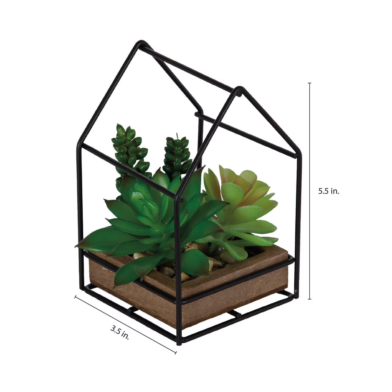 5.5″ Artificial Mixed Succulents in Black Metal House Terrarium