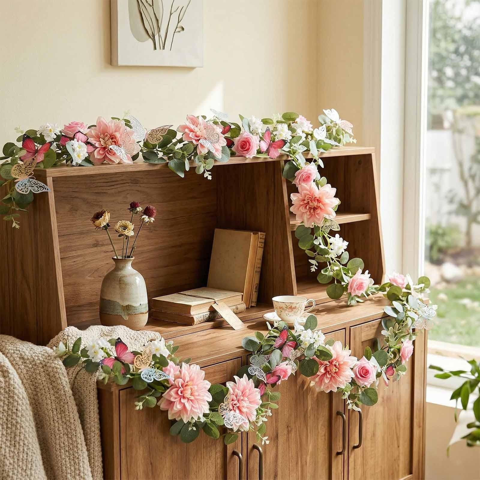 Fake Flower Rose Vine Home Artificial Eucalyptus Flower Garland Butterfly