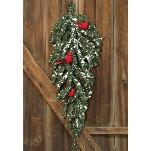 New Christmas Winter RED CARDINAL SNOW PINE TEARDROP Wreath Swag 30″