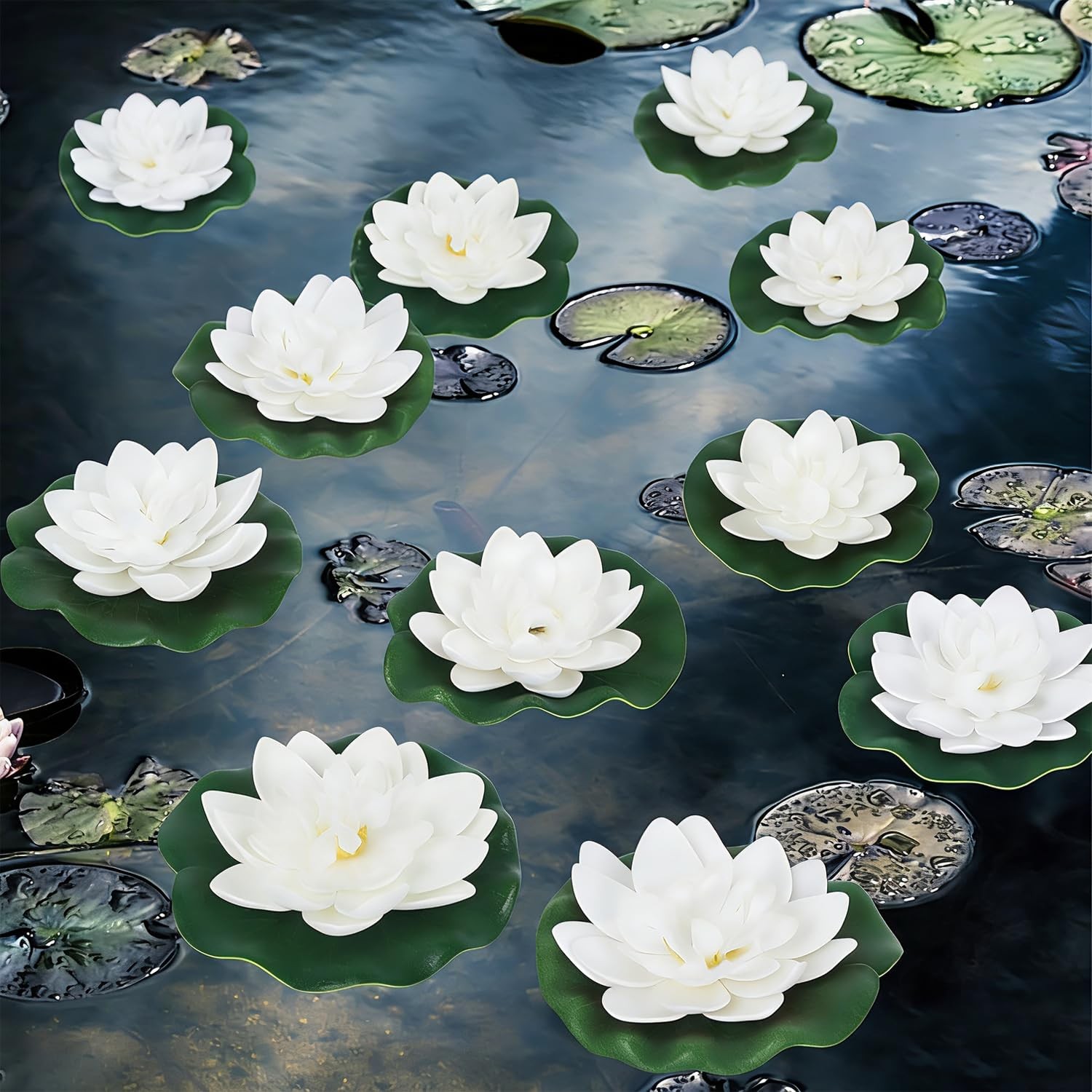 6 Pcs Artificial Floating Foam Lotus Flower with Water Lily Pad, Lifelike Orn…