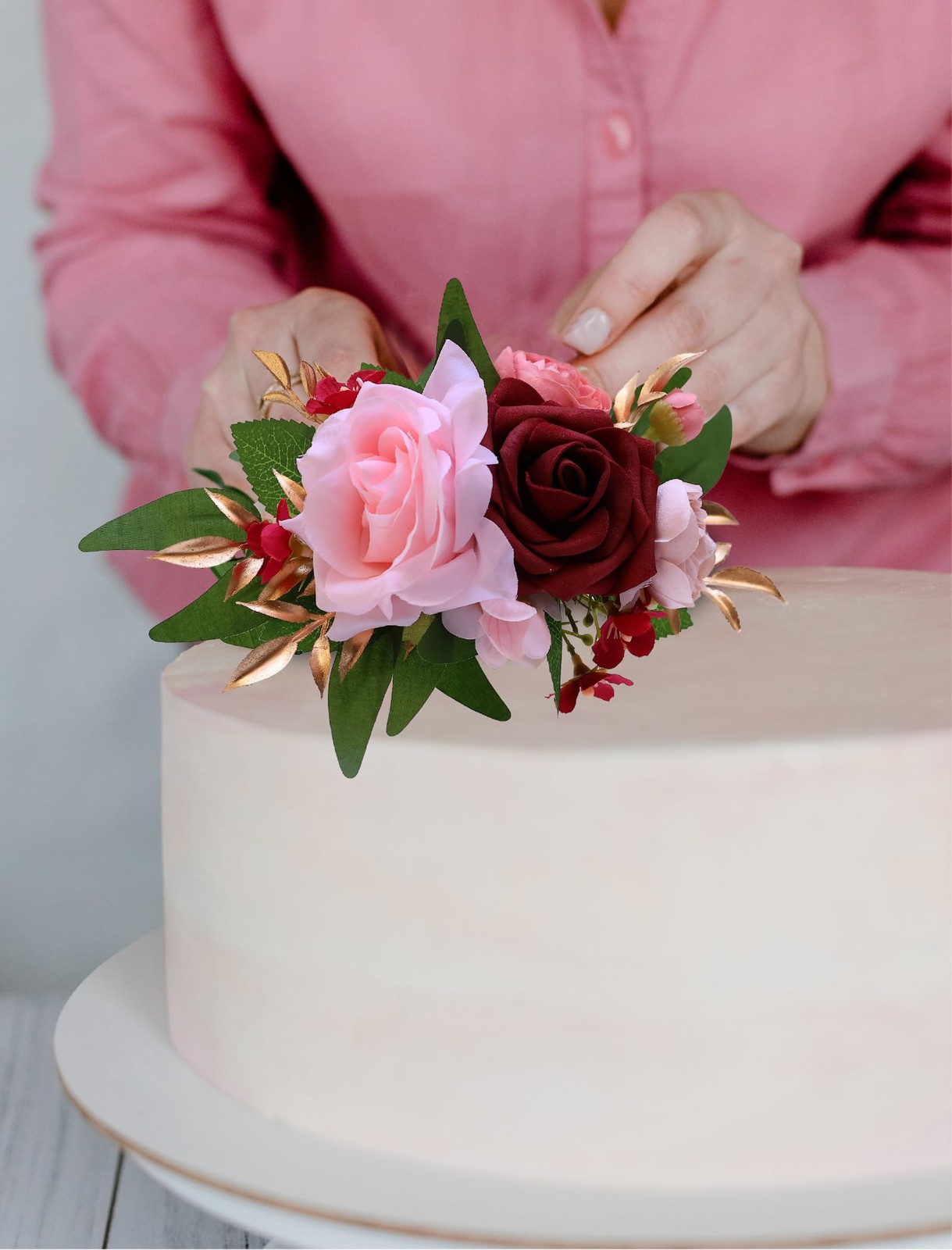 3 PCS Burgundy Red Wedding Cake Topper Set Artificial Flowers Anniversary