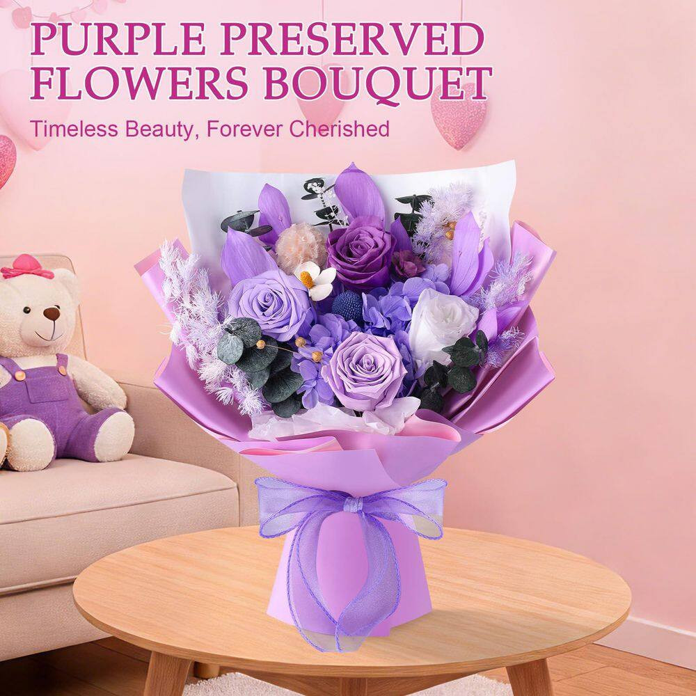 12.59 In. Purple Artificial Preserved Rose Bouquet-Includes Gift Box and Greetin