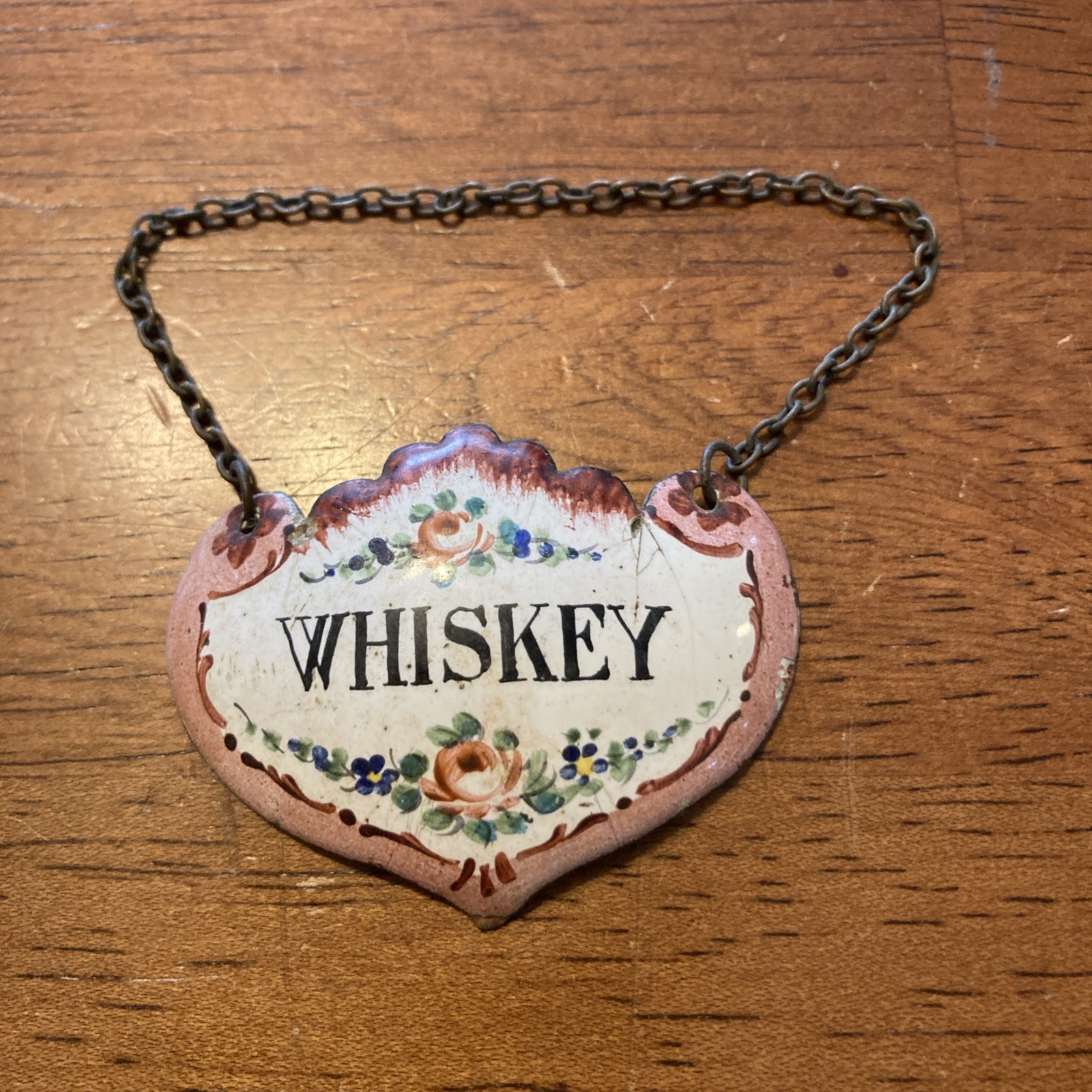 Antique Porcelain on Metal Liquor Bottle Tag w Brass Chain WHISKEY