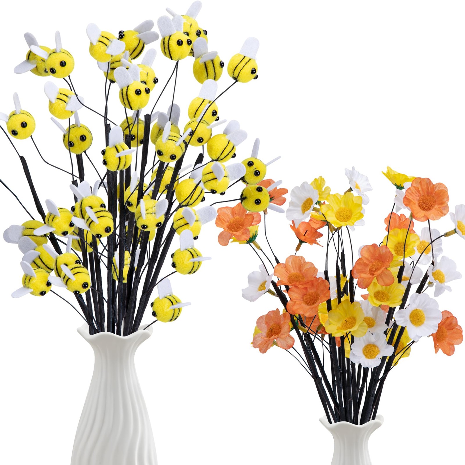 24 Pcs Felt Bee Stems with Artificial Flowers Picks, Felt Honeybee Branches F…