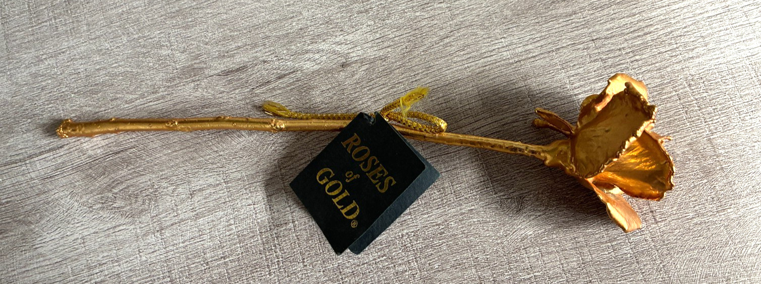 24K Gold Finish Dipped Real Rose ~ Original Tag 1993 ~ Made in USA ~ 10.5″ Long