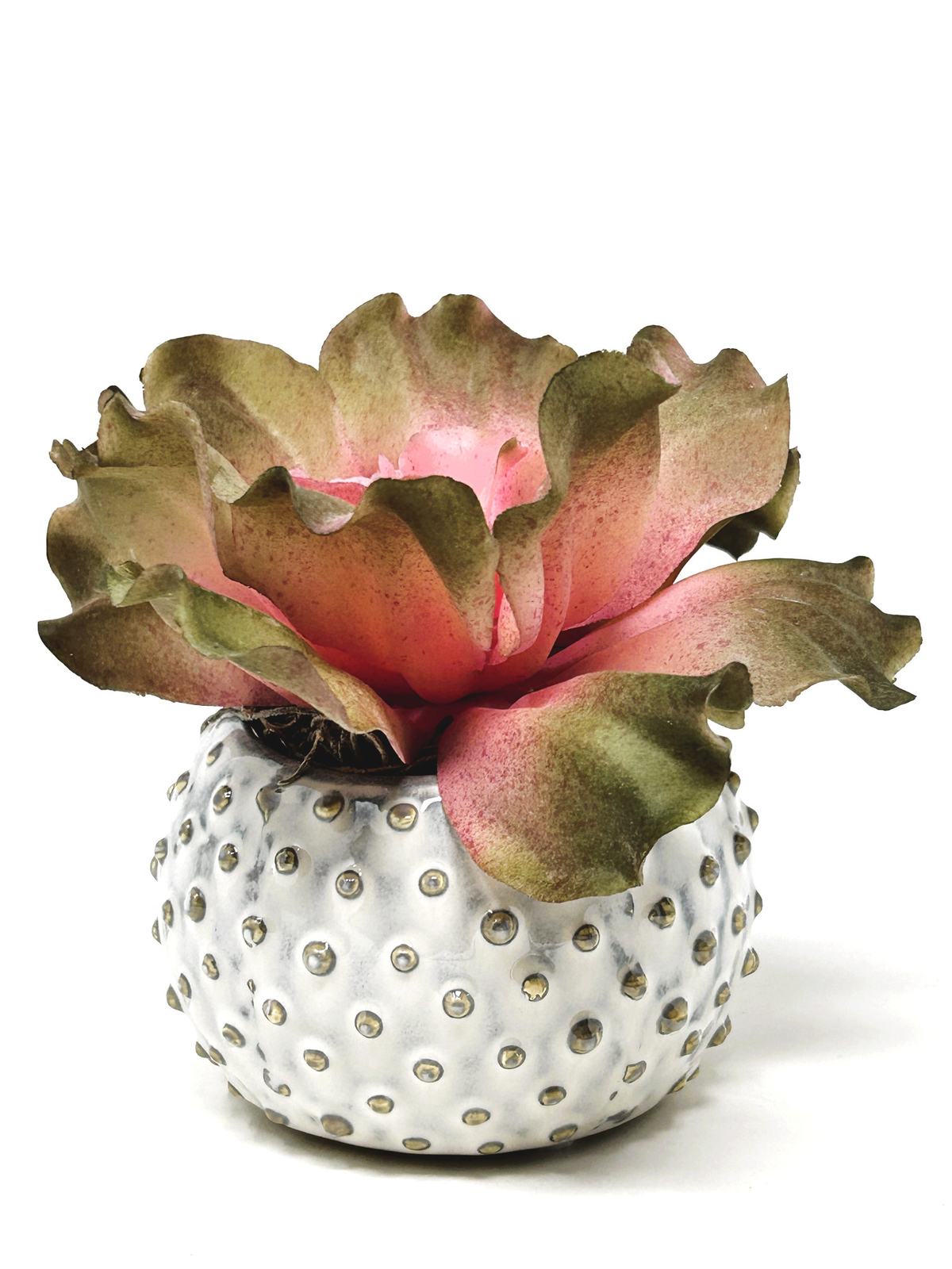 5″ Artificial Soft PINK & Taupe Curly Echeveria Cabbage SUCCULENT, 3″ Ceramic Wh