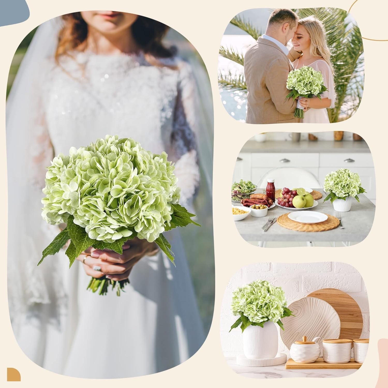 21In Light Green Artificial Hydrangea Flowers 5 Pcs Real Touch 3D Print Latex