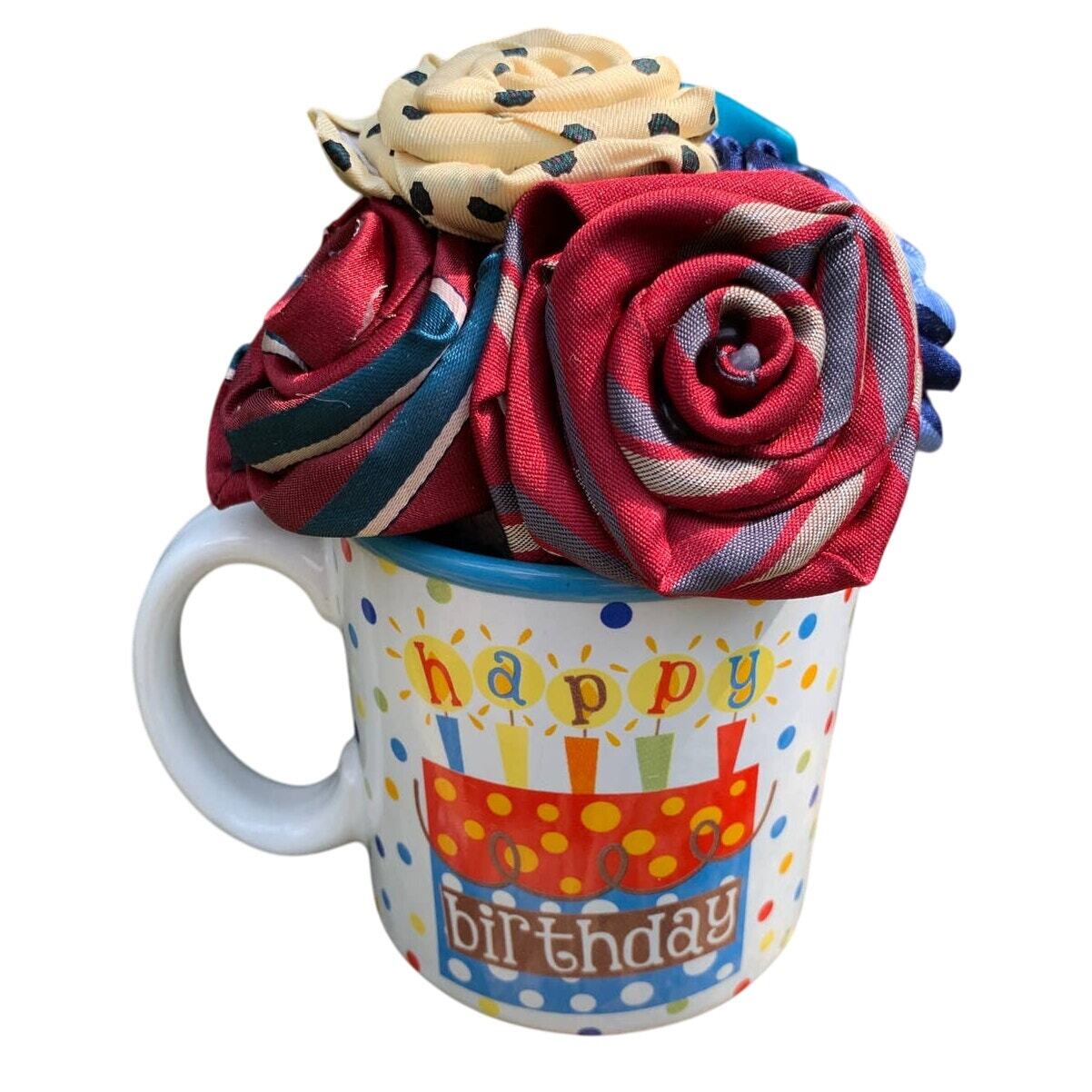 Handmade Upcycled Neck Tie Happy Birthday Cake Candles Ceramic Mug rose bouquet