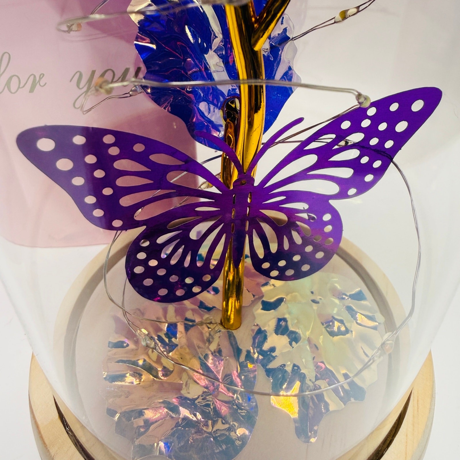 Qunpon LED Blue Rose Gold Foil Glass Dome Light Up Flower Just For You Gift NEW