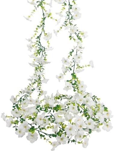 2 Pcs Artificial Vines Outdoors 11.8ft Silk Morning Glory Flowers White Fake Han