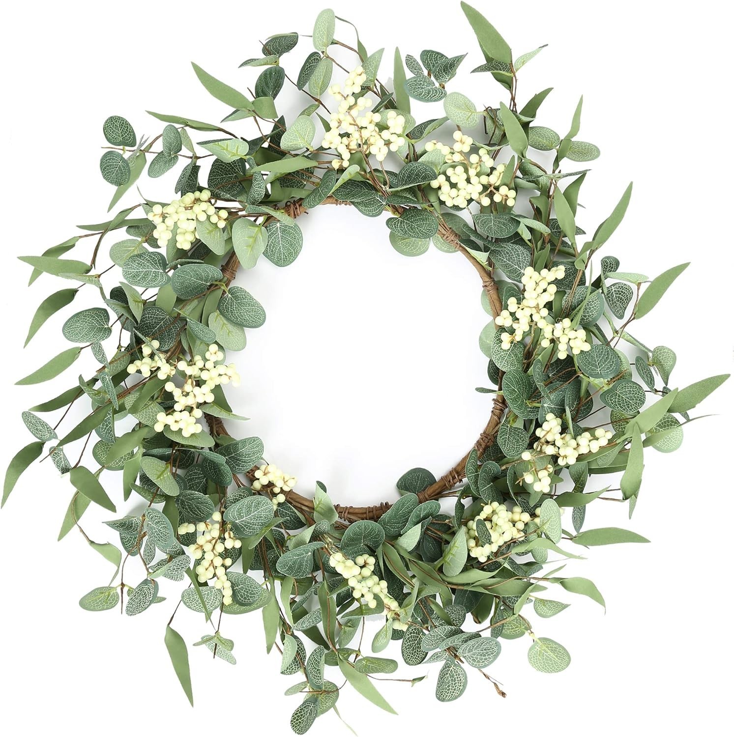 Lifelike 20” Eucalyptus Wreath with White Berries – All-Season Home Decor